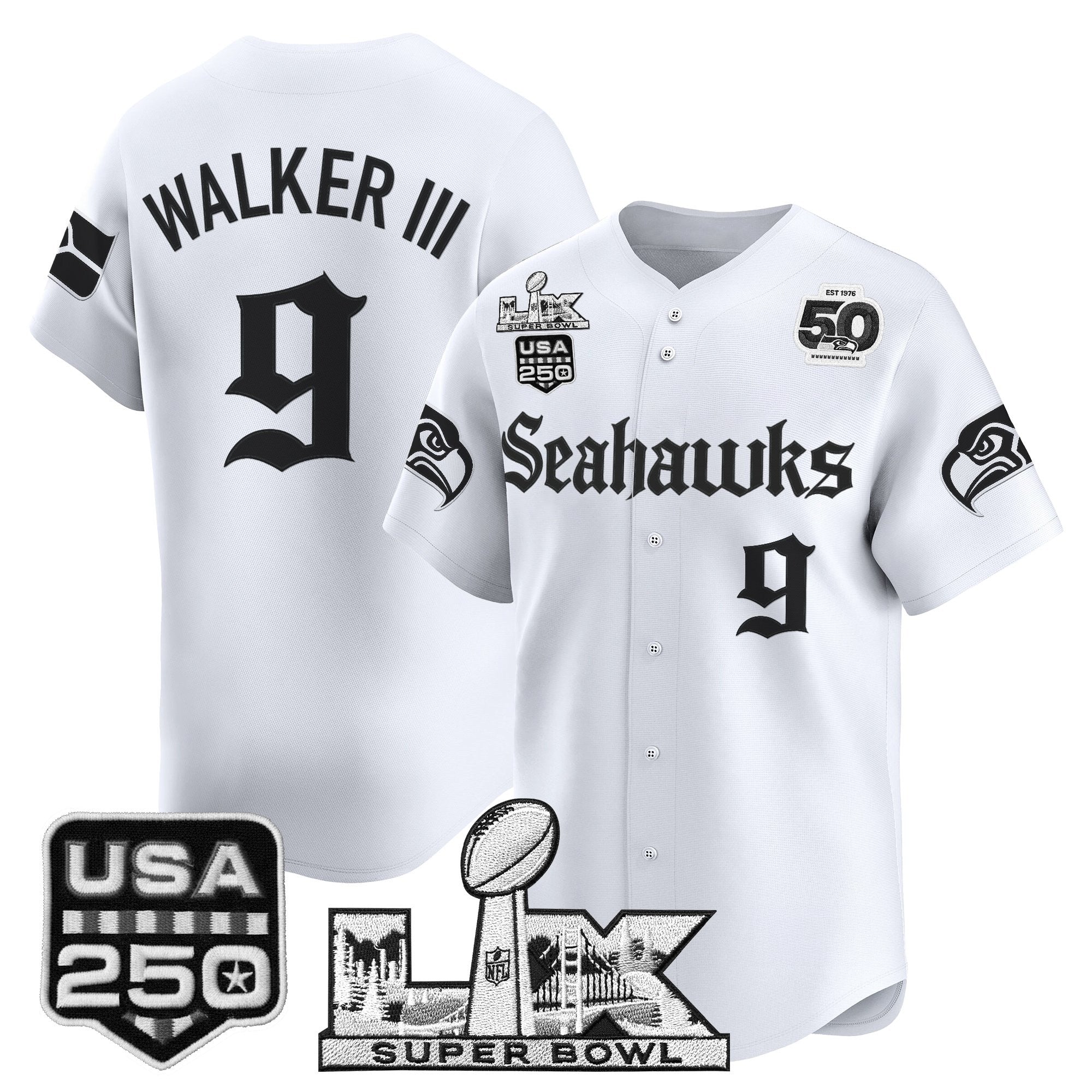 Men's Seattle Seahawks “Super Bowl LX & 50th Patch” Vapor Baseball Jersey - Gothic Edition - All Stitched