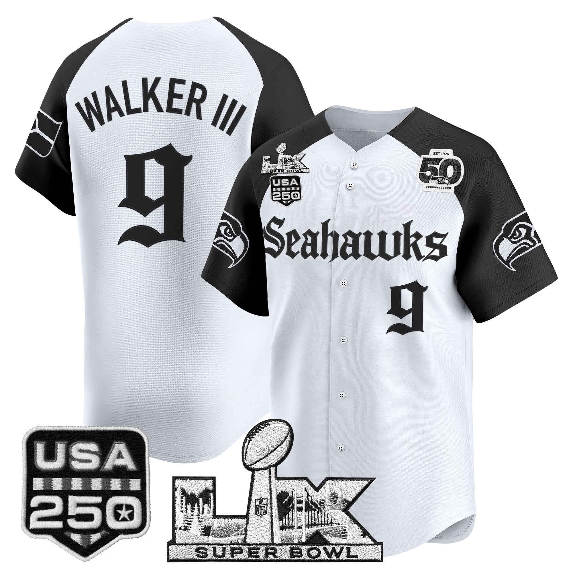 Men's Seattle Seahawks “Super Bowl LX & 50th Patch” Vapor Baseball Jersey - Gothic Edition - All Stitched