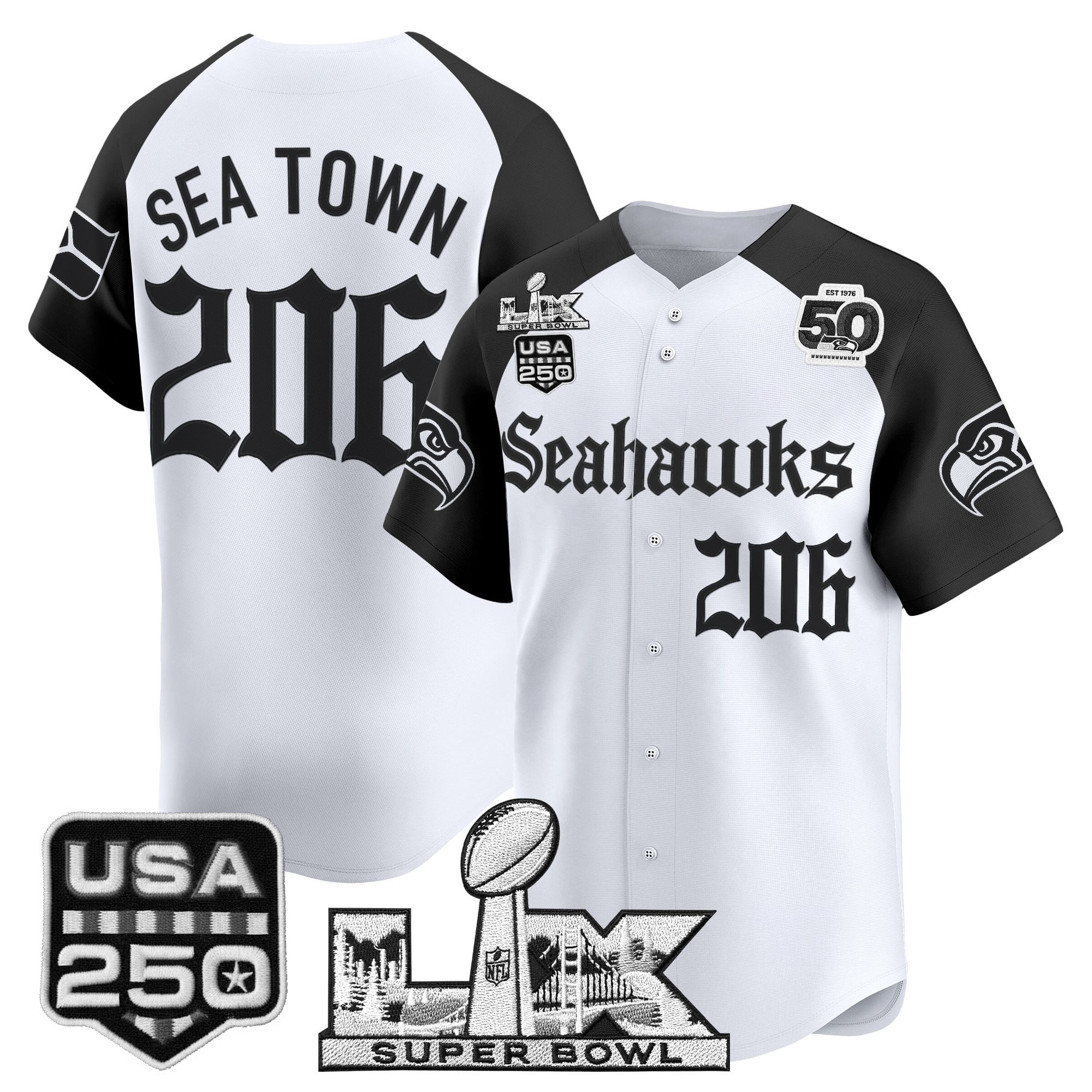 Men's Seattle Seahawks “Super Bowl LX & 50th Patch” Vapor Baseball Jersey - Gothic Edition - All Stitched