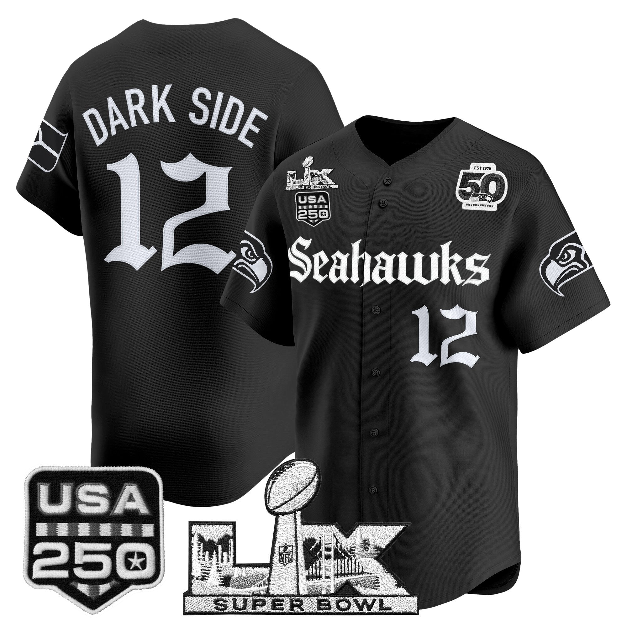 Men's Seattle Seahawks “Super Bowl LX & 50th Patch” Vapor Baseball Jersey - Gothic Edition - All Stitched