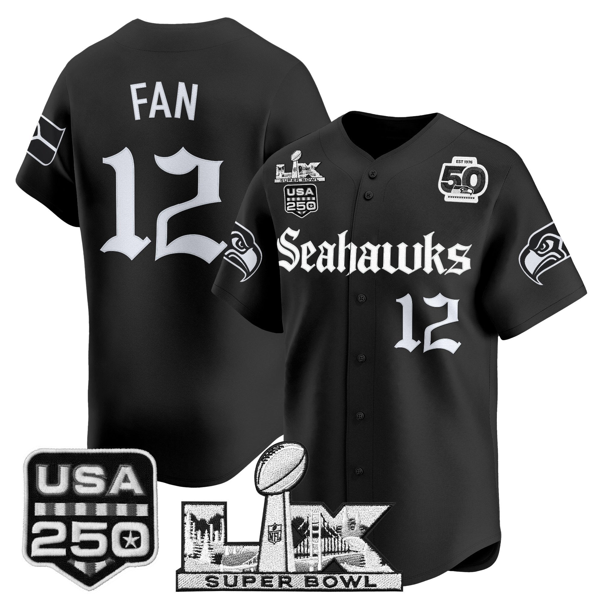 Men's Seattle Seahawks “Super Bowl LX & 50th Patch” Vapor Baseball Jersey - Gothic Edition - All Stitched