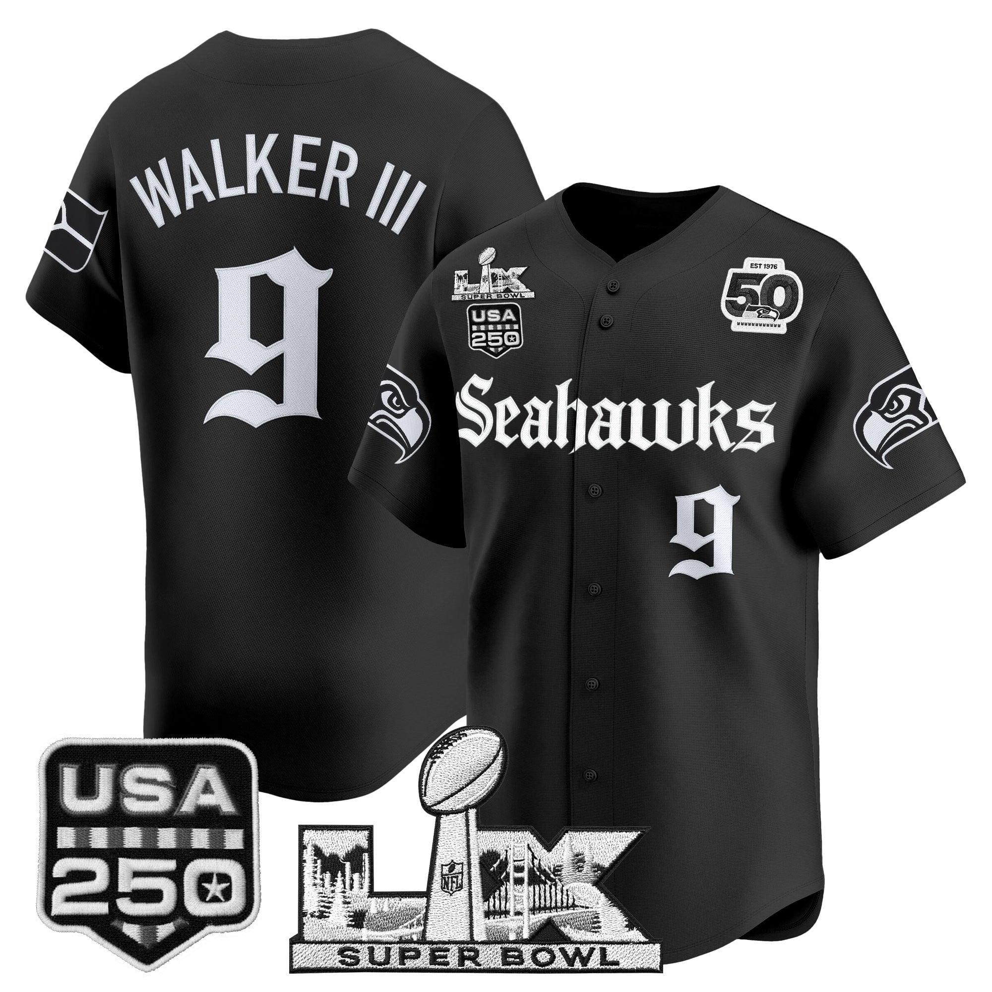 Men's Seattle Seahawks “Super Bowl LX & 50th Patch” Vapor Baseball Jersey - Gothic Edition - All Stitched