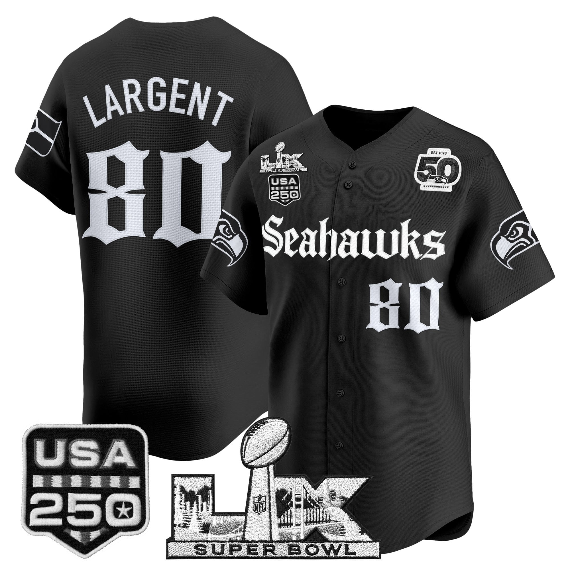 Men's Seattle Seahawks “Super Bowl LX & 50th Patch” Vapor Baseball Jersey - Gothic Edition - All Stitched