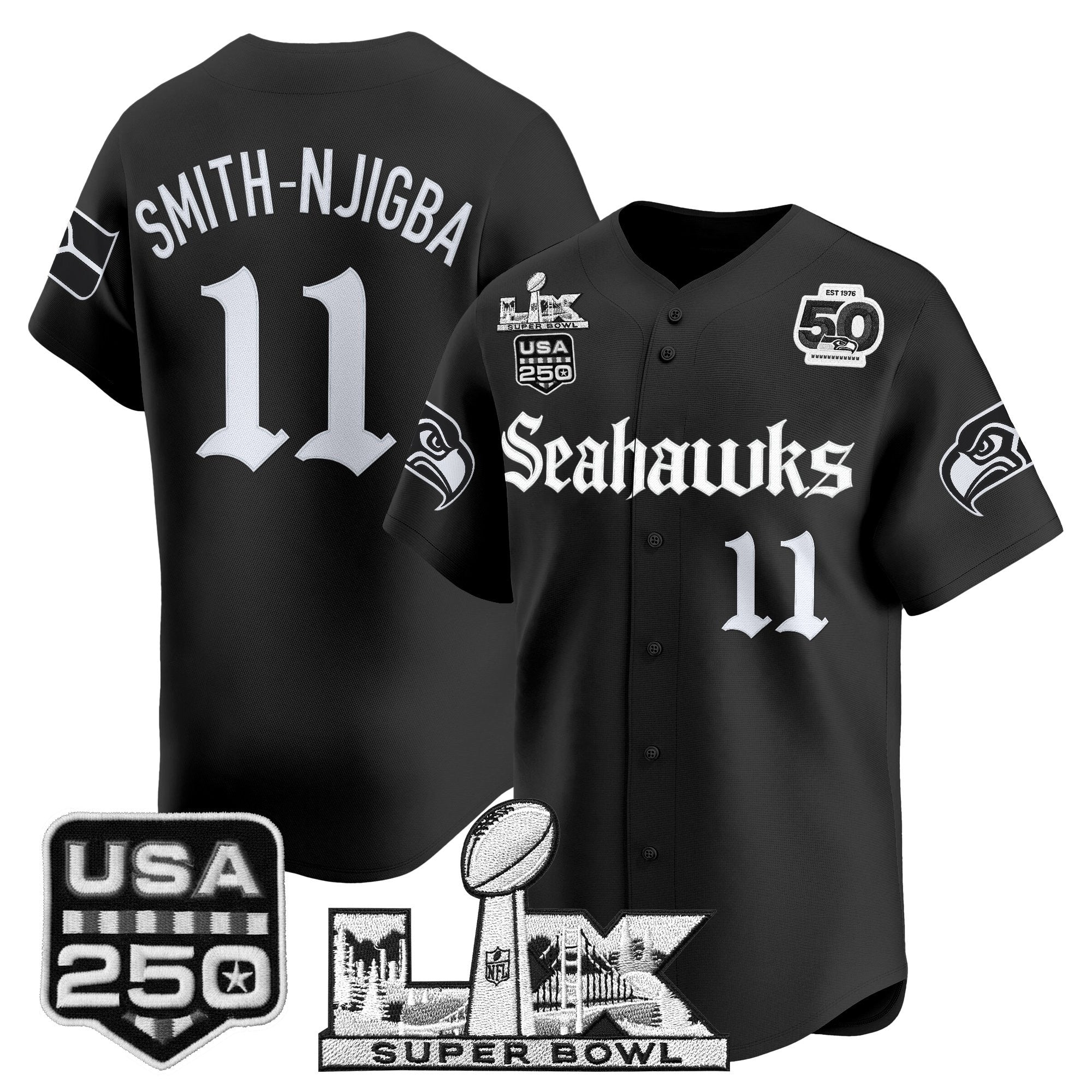 Men's Seattle Seahawks “Super Bowl LX & 50th Patch” Vapor Baseball Jersey - Gothic Edition - All Stitched