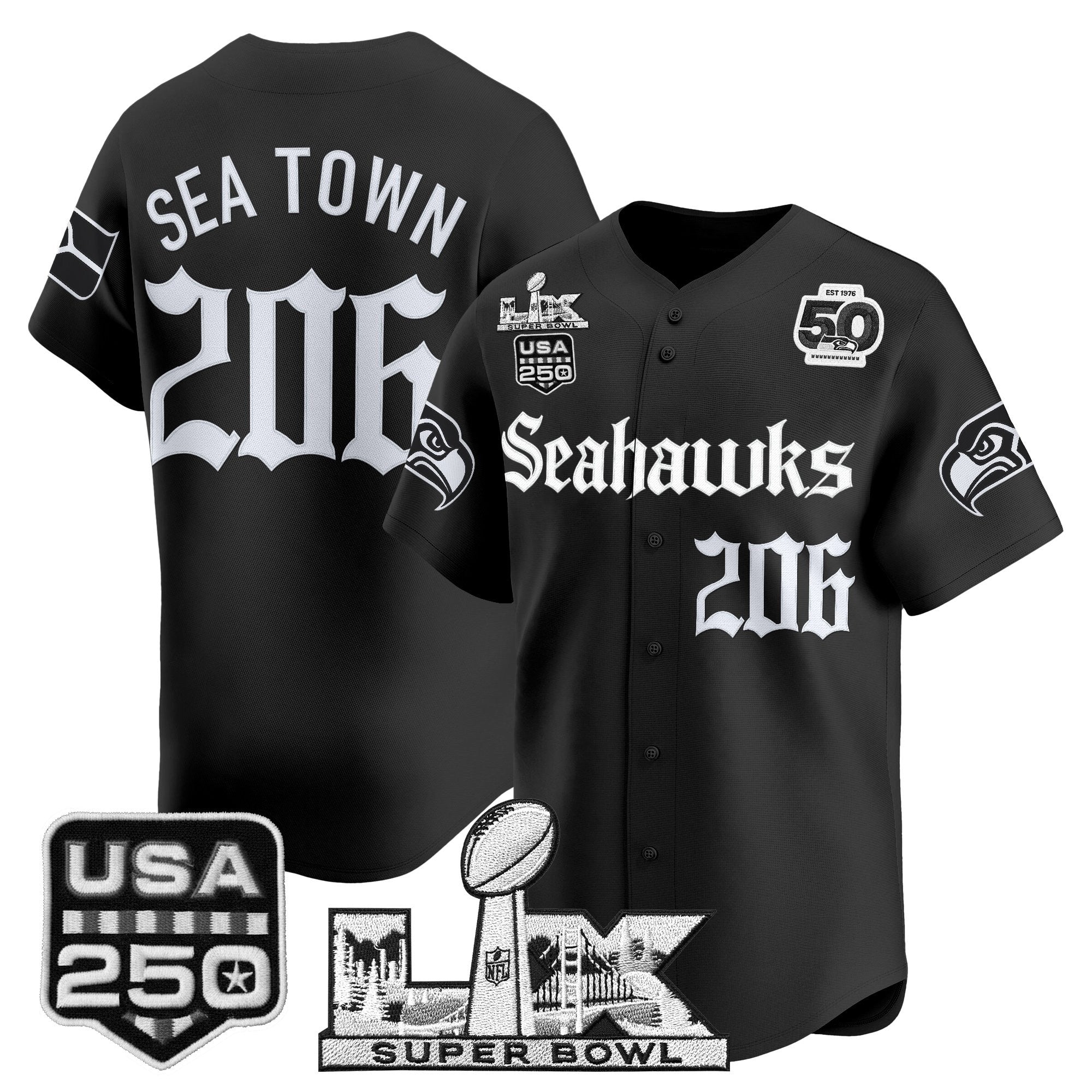 Men's Seattle Seahawks “Super Bowl LX & 50th Patch” Vapor Baseball Jersey - Gothic Edition - All Stitched