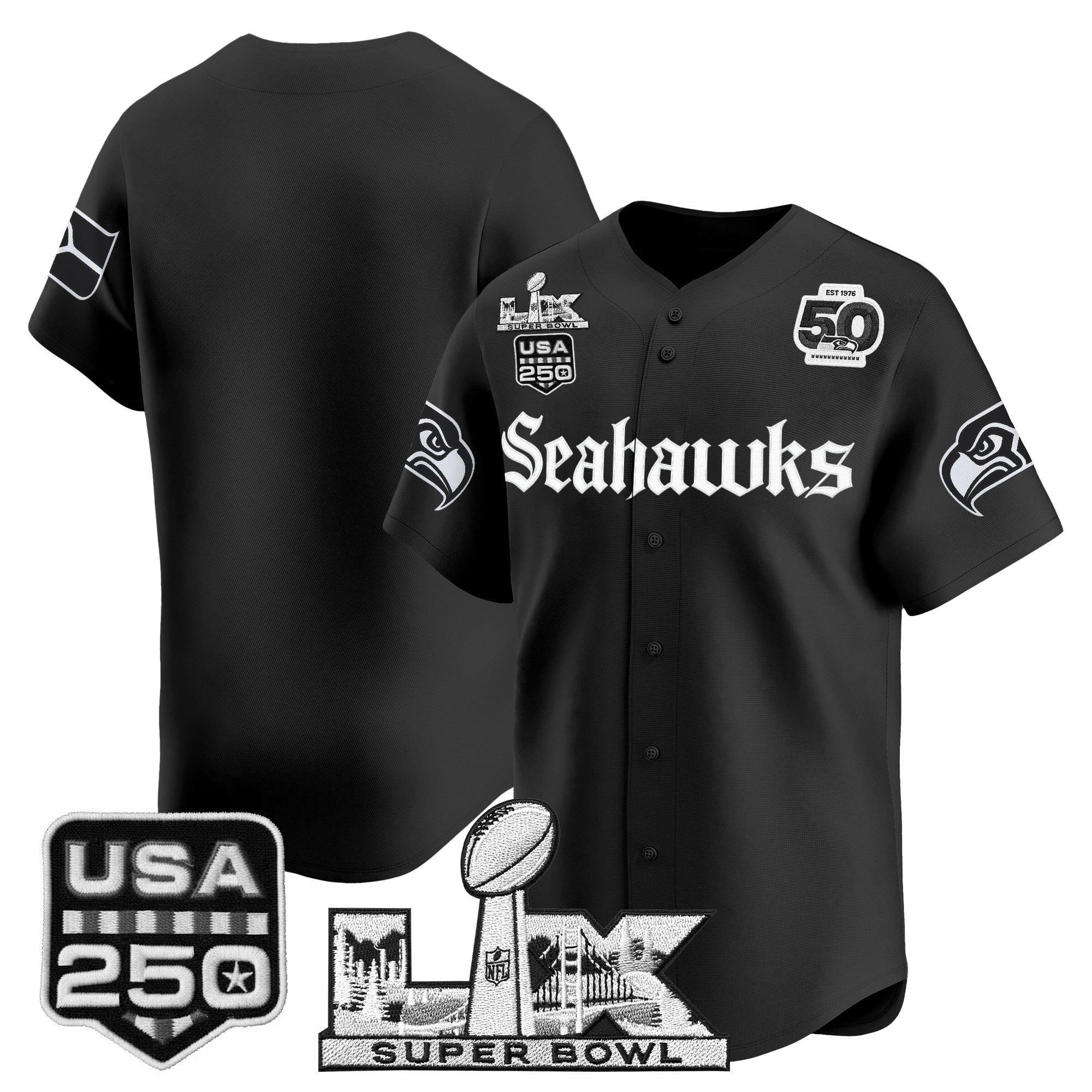 Men's Seattle Seahawks “Super Bowl LX & 50th Patch” Vapor Baseball Jersey - Gothic Edition - All Stitched