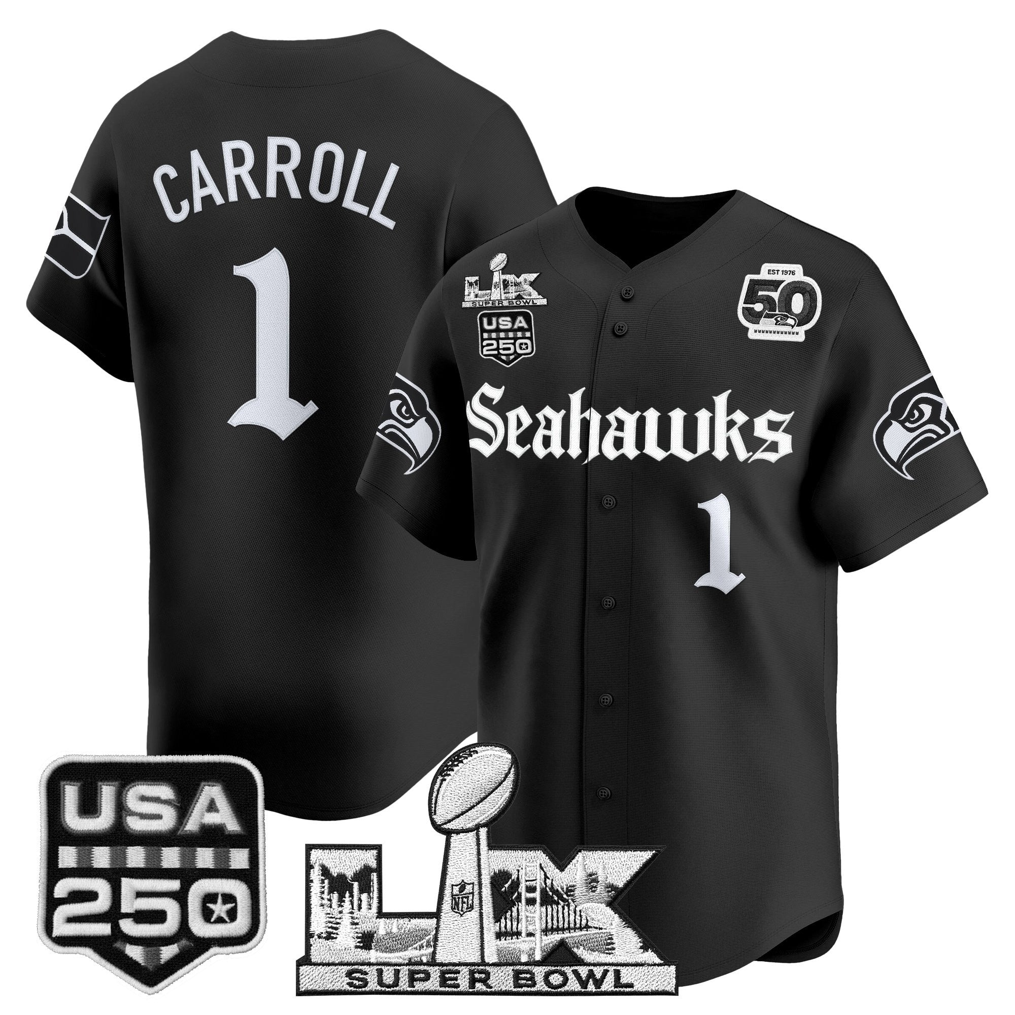 Men's Seattle Seahawks “Super Bowl LX & 50th Patch” Vapor Baseball Jersey - Gothic Edition - All Stitched