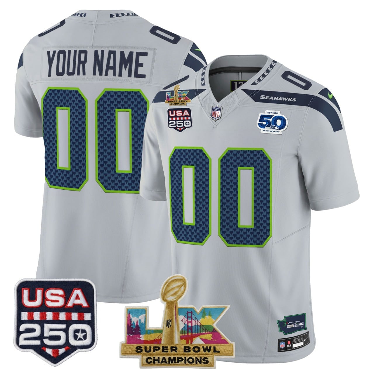 Seattle Seahawks "Super Bowl LX Champions & United States 250th Anniversary Patch" Custom Jersey - All Stitched