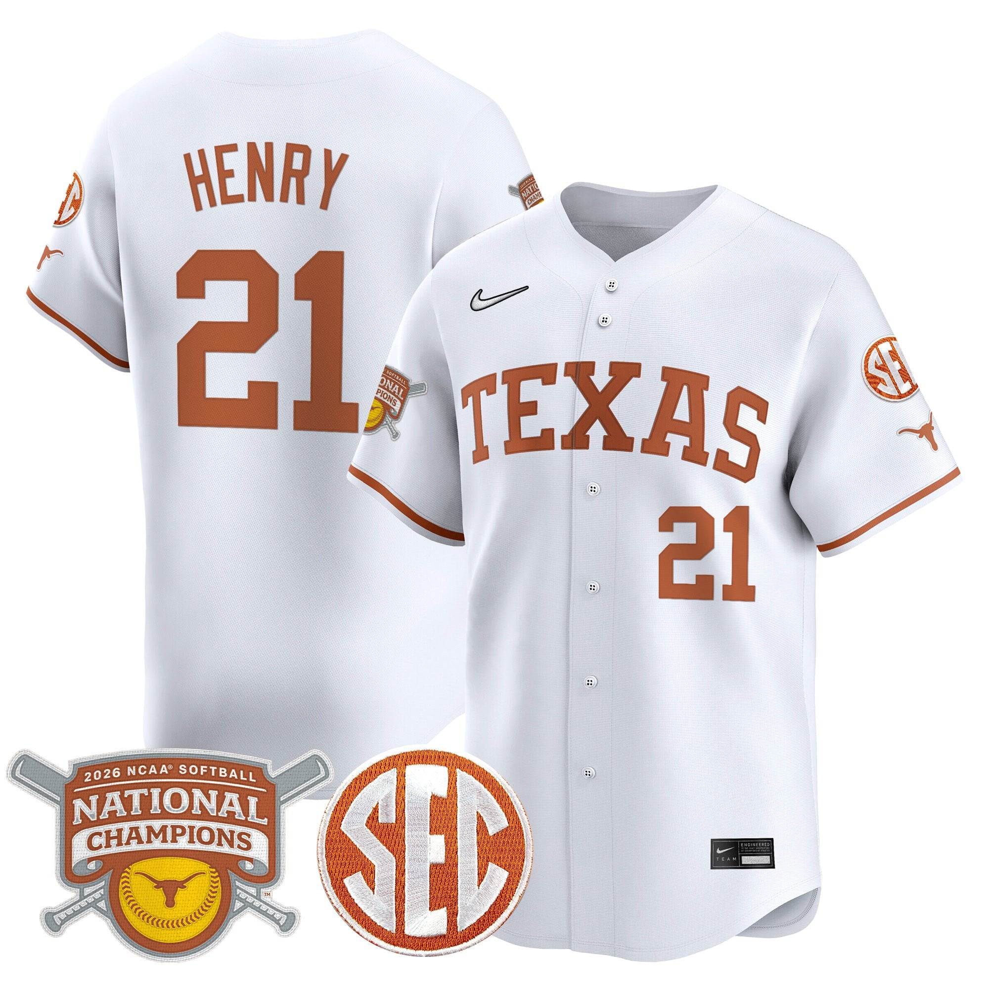 Men's size - Texas Longhorns 2026 Softball National Champions Vapor Premier Limited Jersey - All Stitched