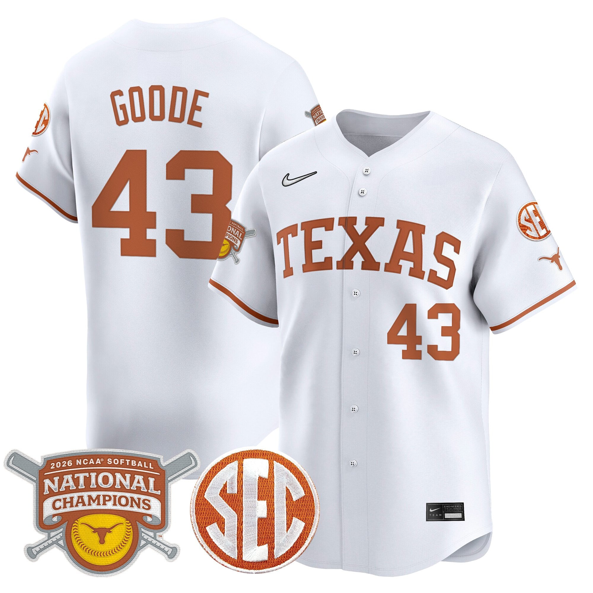 Men's size - Texas Longhorns 2026 Softball National Champions Vapor Premier Limited Jersey - All Stitched