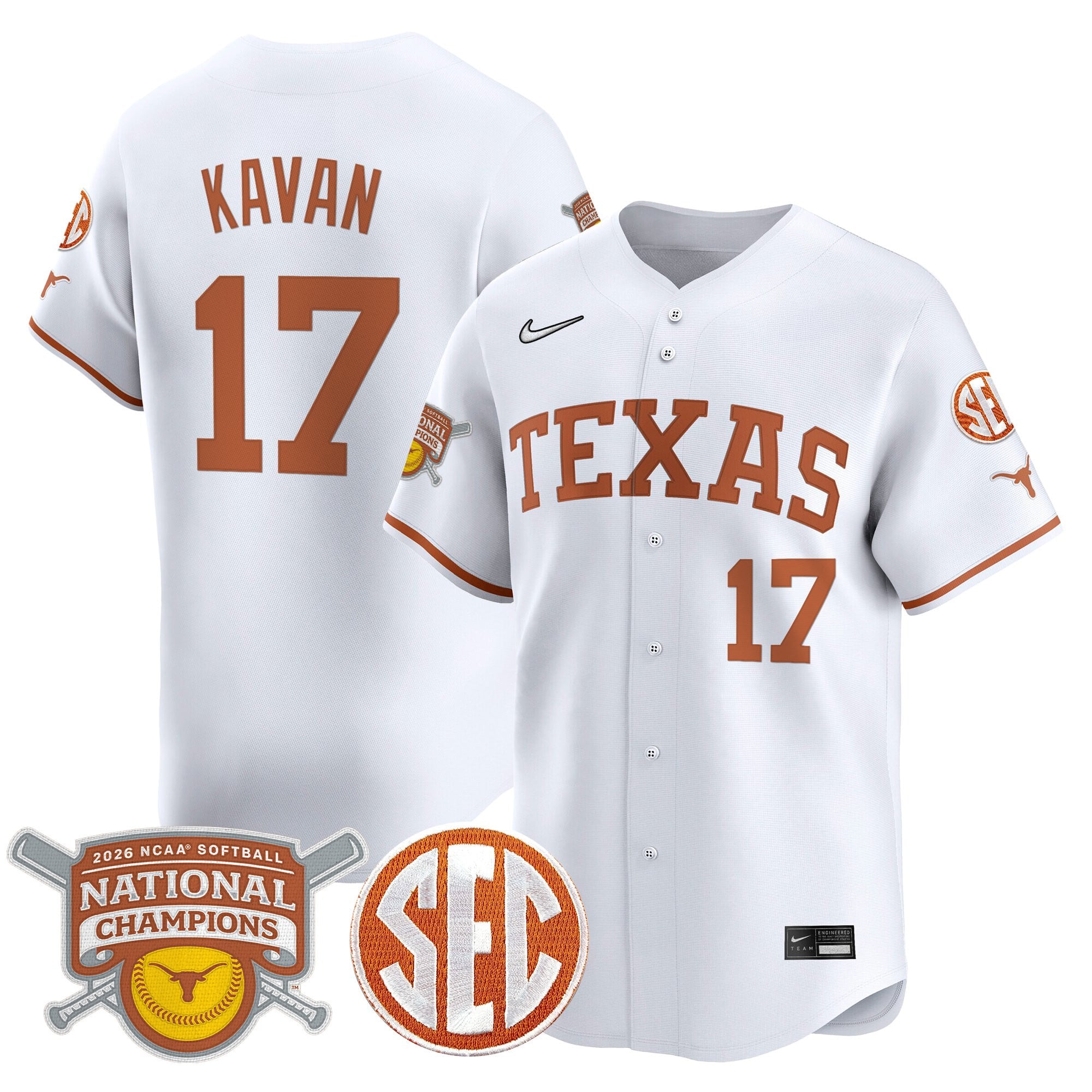Men's size - Texas Longhorns 2026 Softball National Champions Vapor Premier Limited Jersey - All Stitched