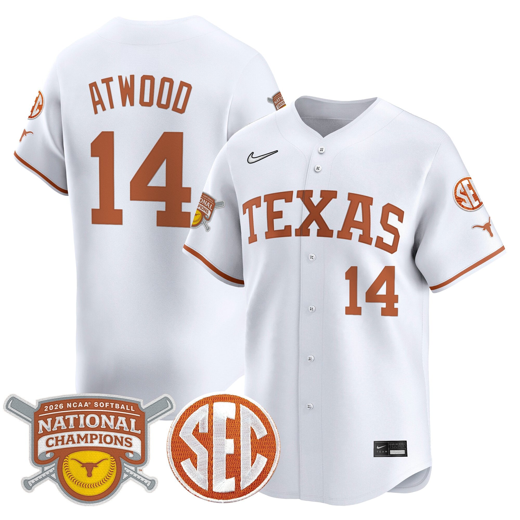 Men's size - Texas Longhorns 2026 Softball National Champions Vapor Premier Limited Jersey - All Stitched