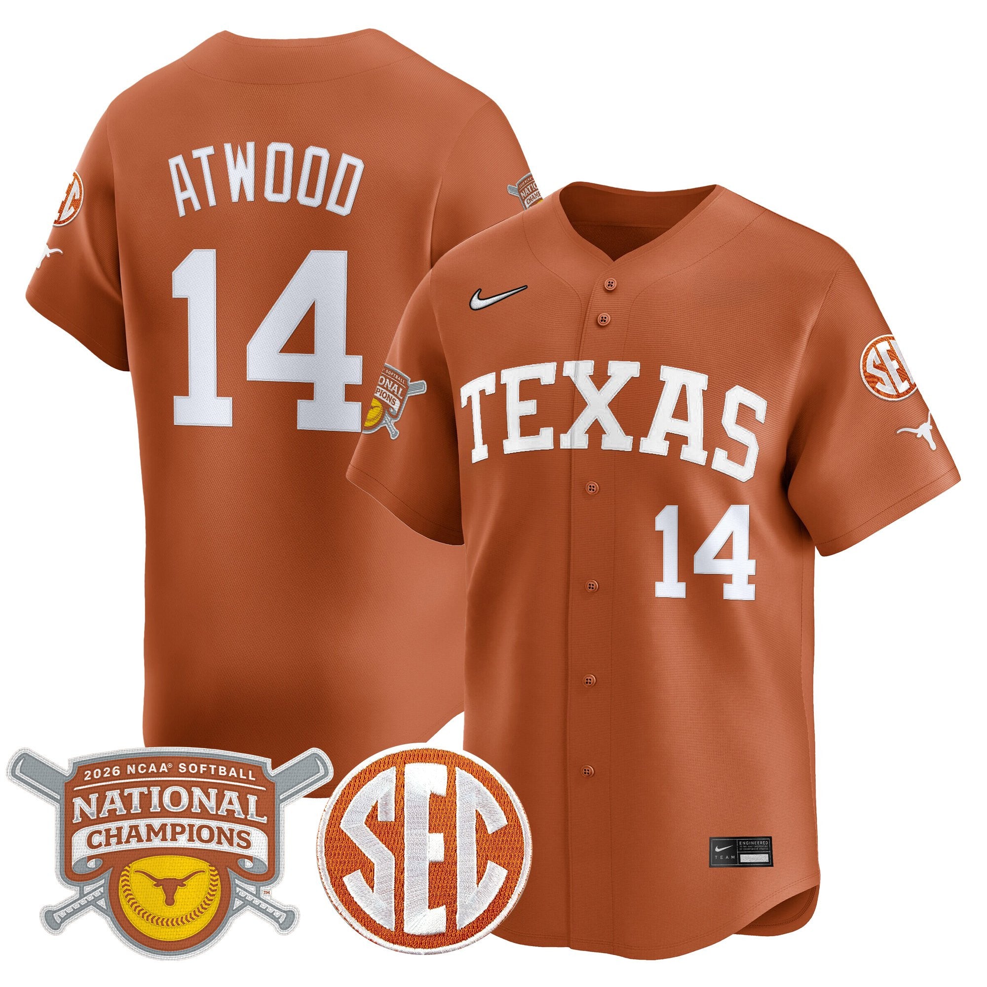Men's size - Texas Longhorns 2026 Softball National Champions Vapor Premier Limited Jersey - All Stitched