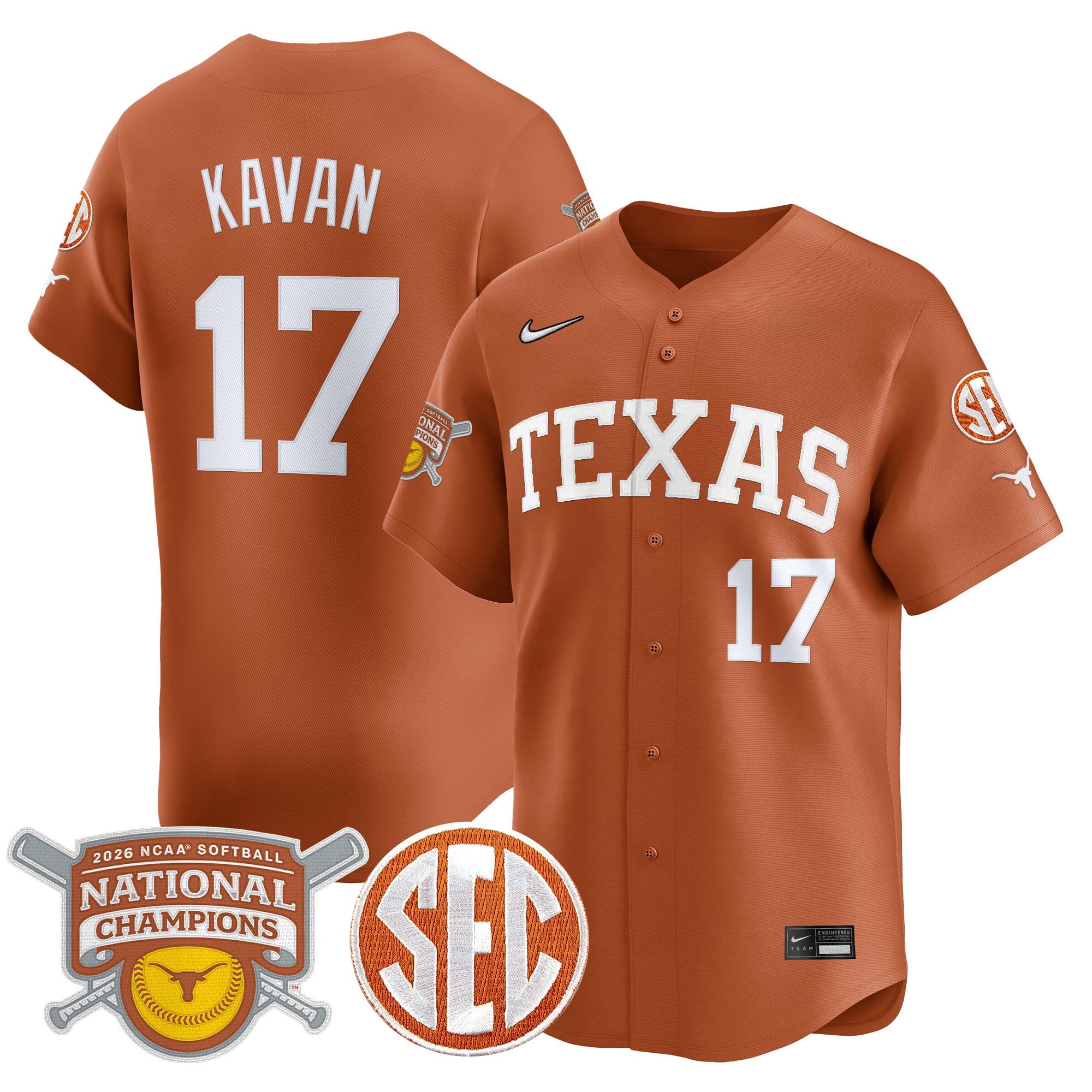 Men's size - Texas Longhorns 2026 Softball National Champions Vapor Premier Limited Jersey - All Stitched