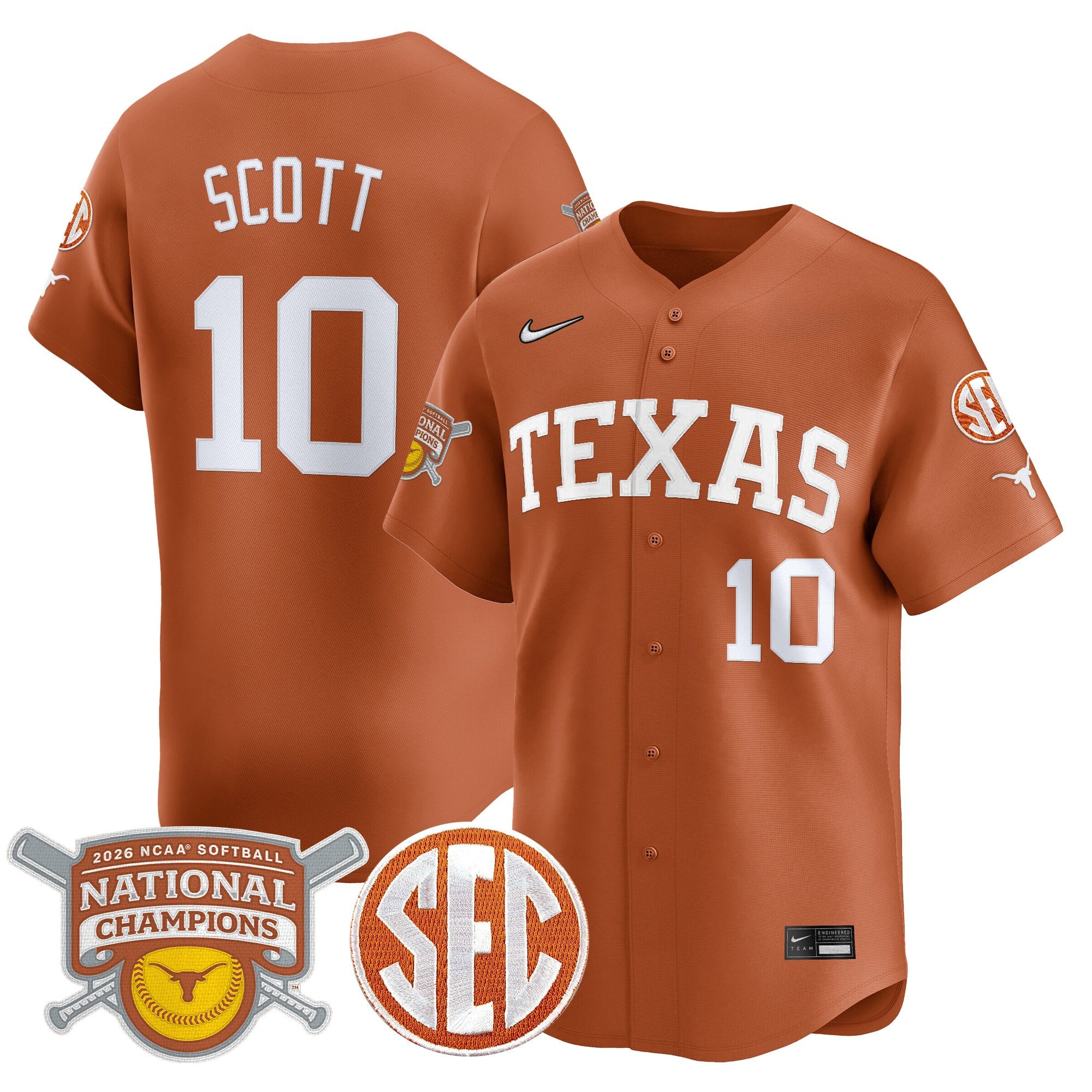 Men's size - Texas Longhorns 2026 Softball National Champions Vapor Premier Limited Jersey - All Stitched