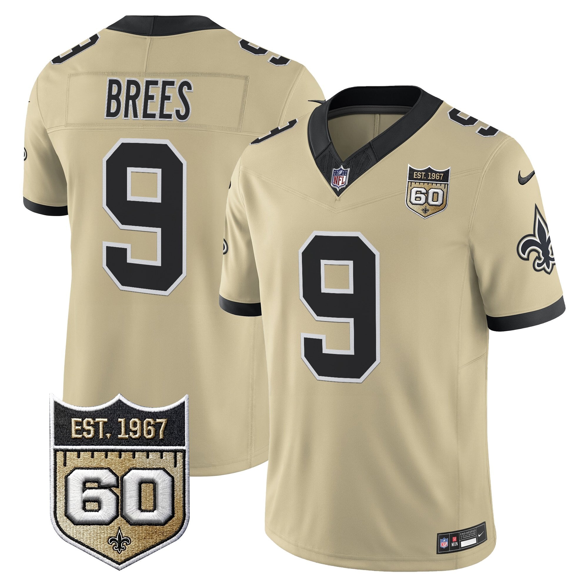 Men's New Orleans Saints 60th Anniversary Patch Vapor Jersey - Gameday Golds Edition - All Stitched