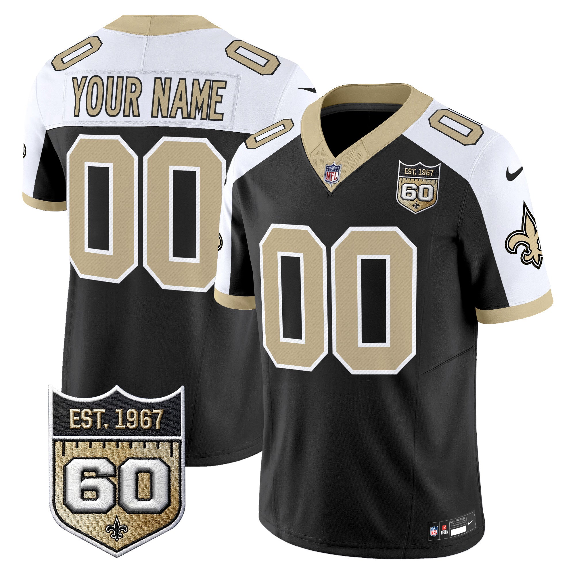 New Orleans Saints 60th Anniversary Patch Vapor Custom Jersey - Gameday Golds Edition - All Stitched