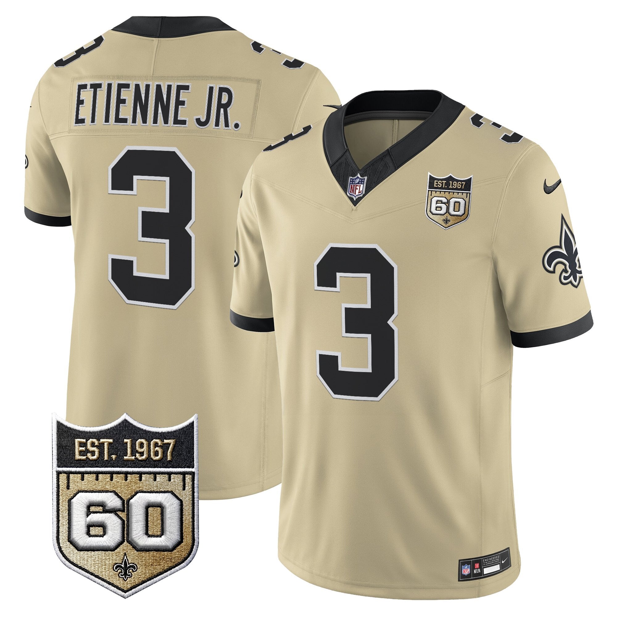 Men's New Orleans Saints 60th Anniversary Patch Vapor Jersey - Gameday Golds Edition - All Stitched