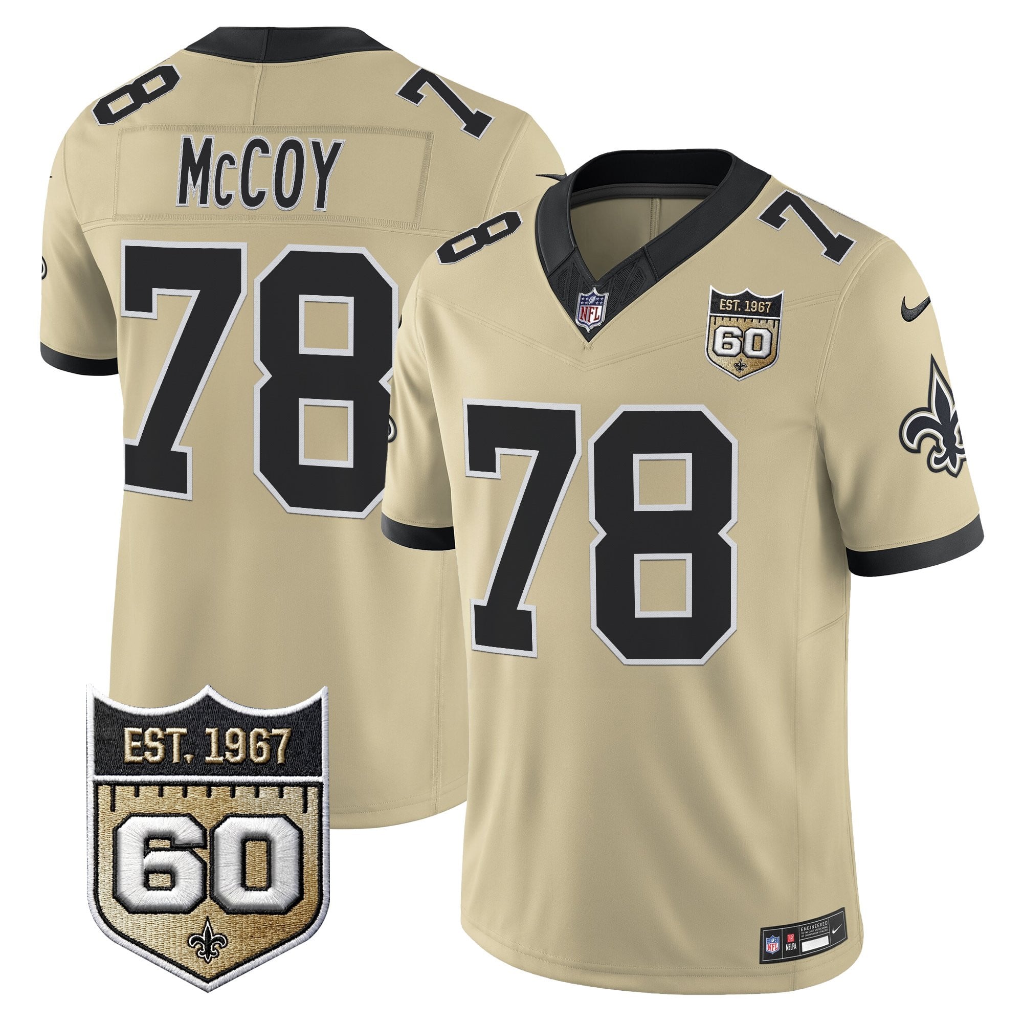 Men's New Orleans Saints 60th Anniversary Patch Vapor Jersey - Gameday Golds Edition - All Stitched