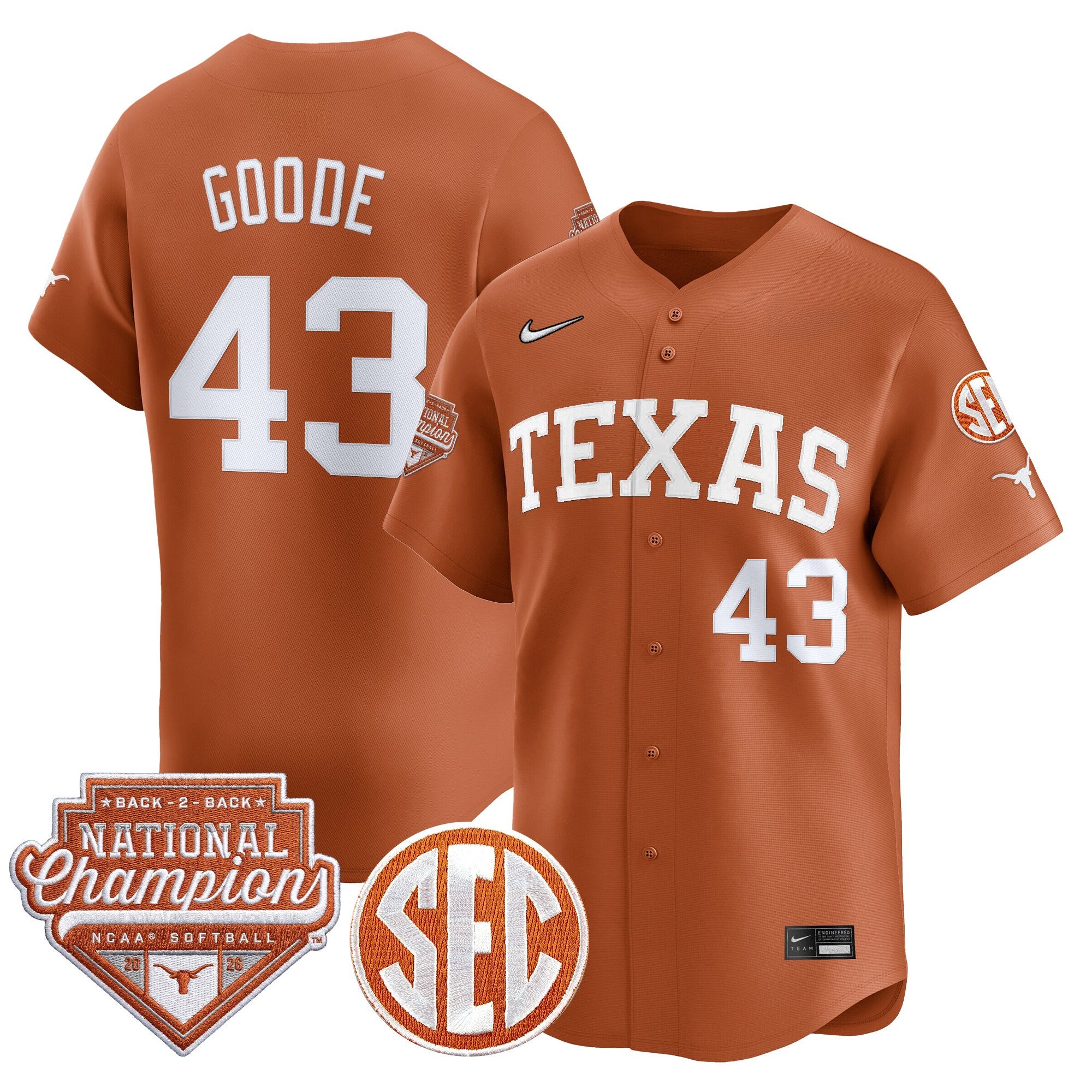 Men's Size - Texas Longhorns 2026 Back-To-Back World Series (WCWS) Champions Vapor Premier Limited Jersey - All Stitched