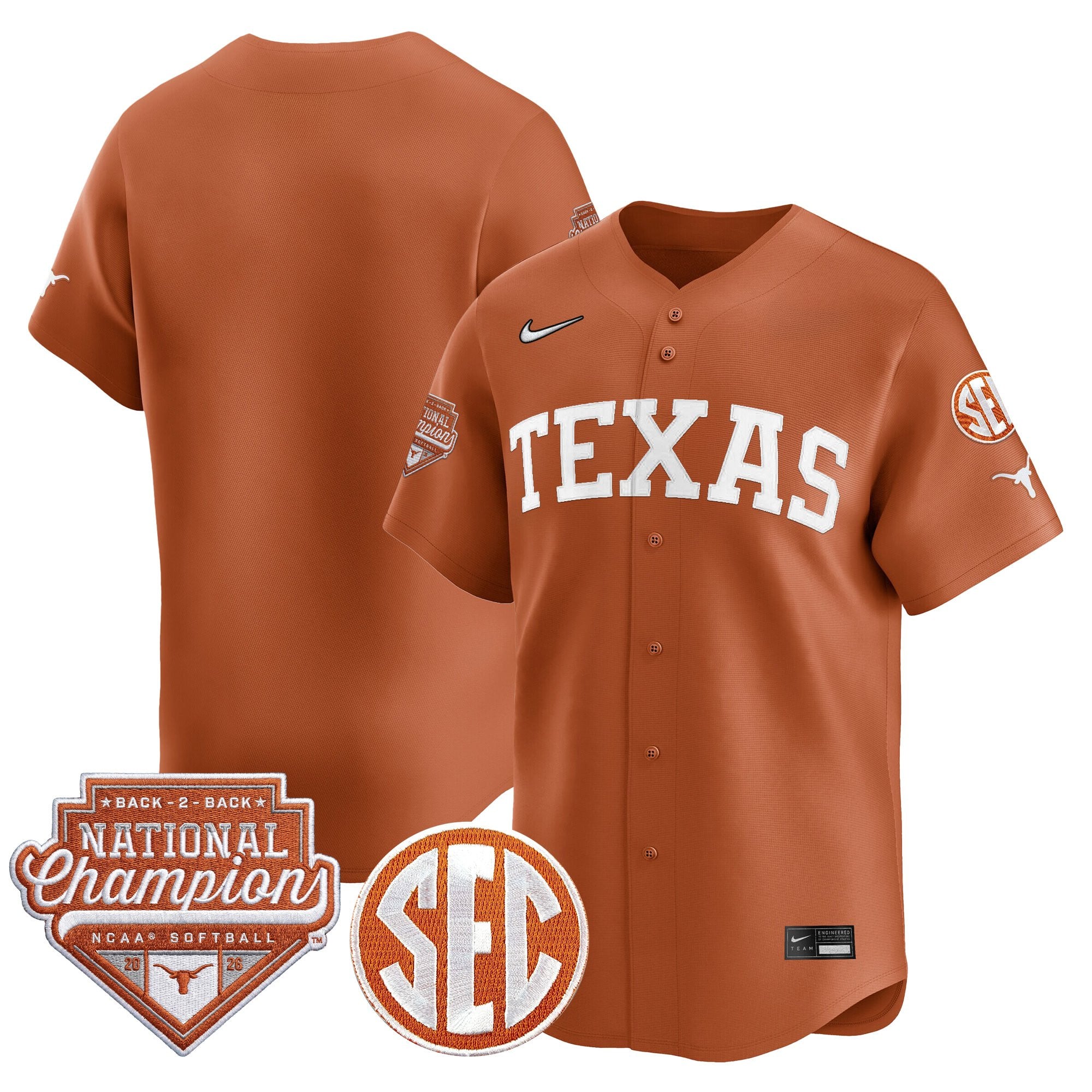 Men's Size - Texas Longhorns 2026 Back-To-Back World Series (WCWS) Champions Vapor Premier Limited Jersey - All Stitched