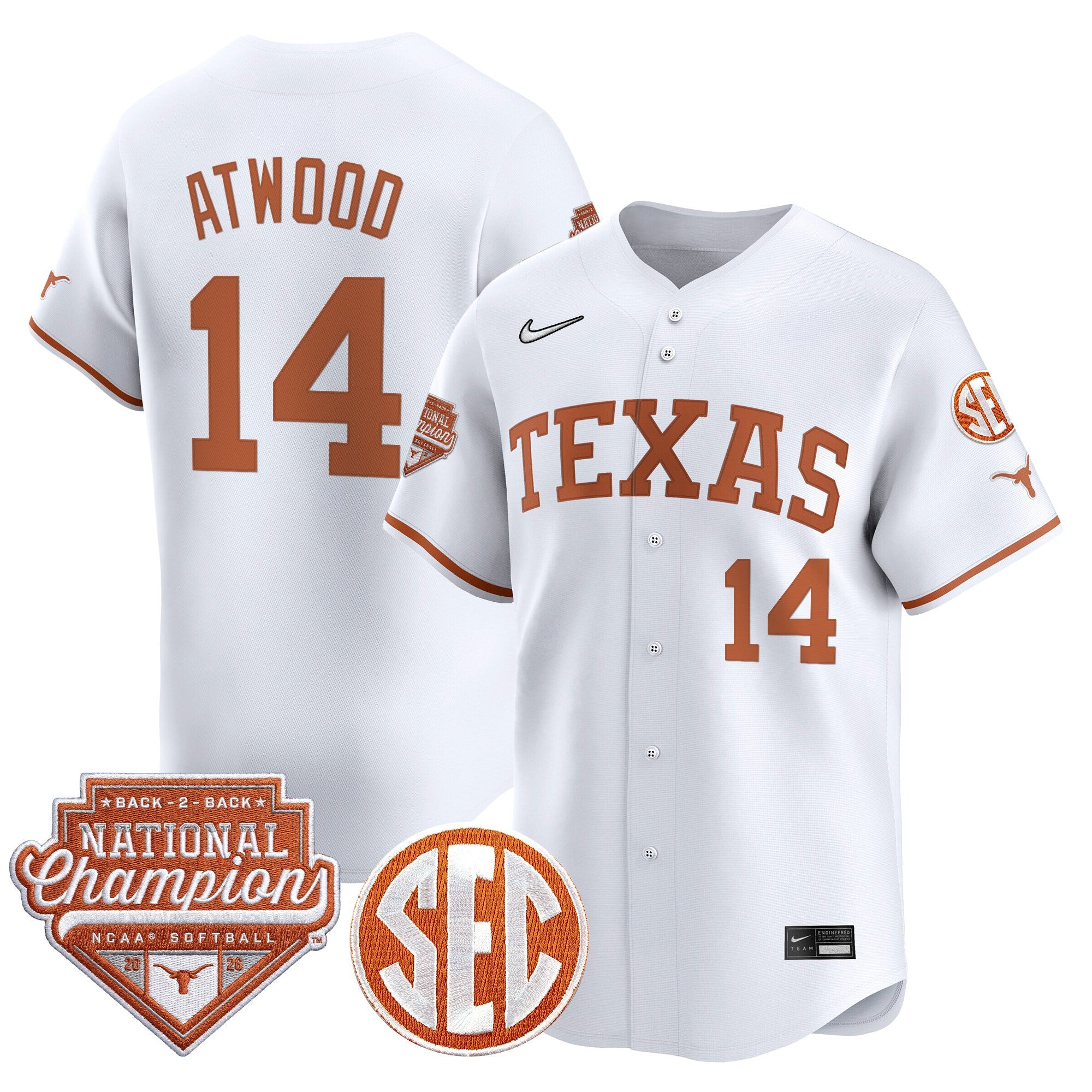 Men's Size - Texas Longhorns 2026 Back-To-Back World Series (WCWS) Champions Vapor Premier Limited Jersey - All Stitched