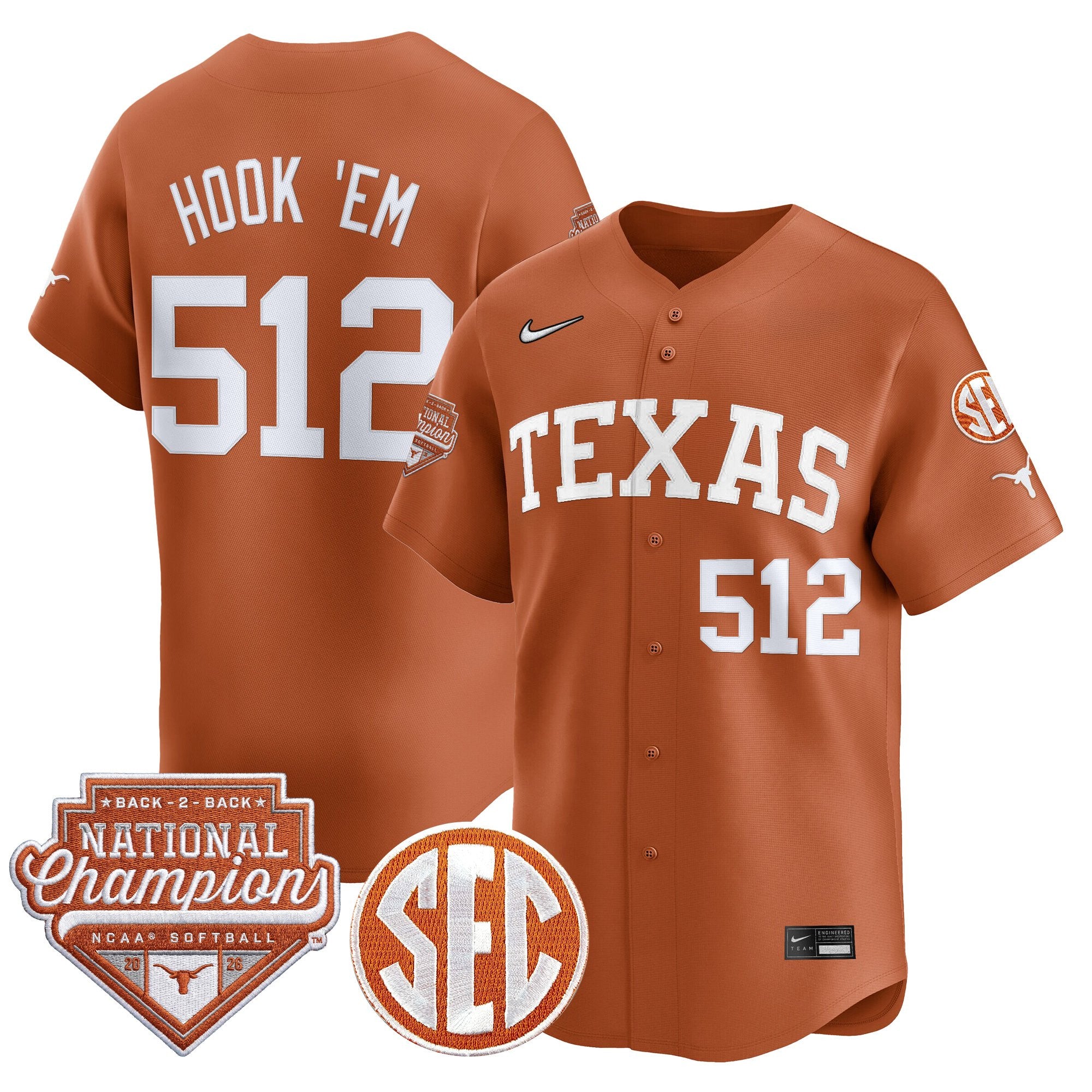 Men's Size - Texas Longhorns 2026 Back-To-Back World Series (WCWS) Champions Vapor Premier Limited Jersey - All Stitched