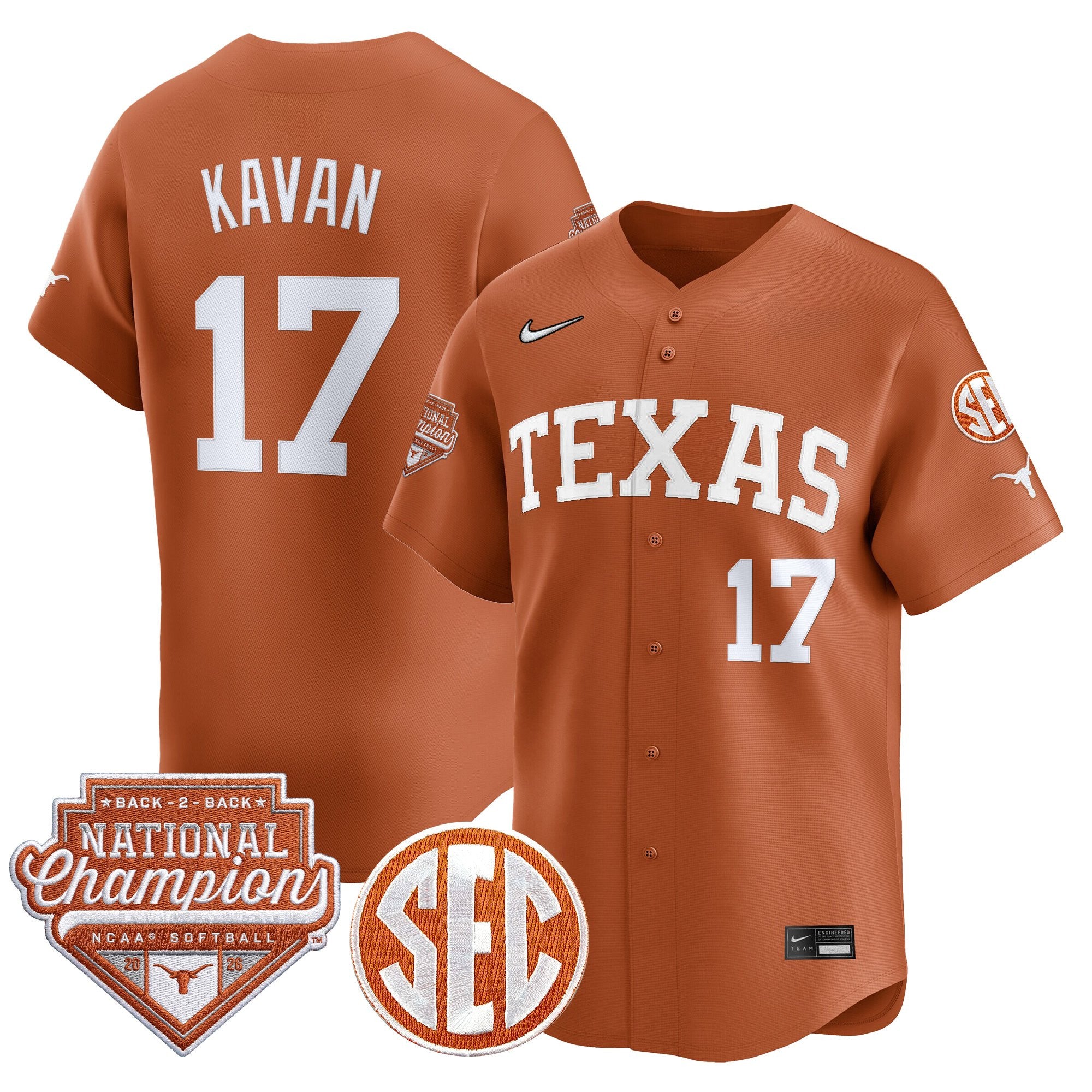 Men's Size - Texas Longhorns 2026 Back-To-Back World Series (WCWS) Champions Vapor Premier Limited Jersey - All Stitched