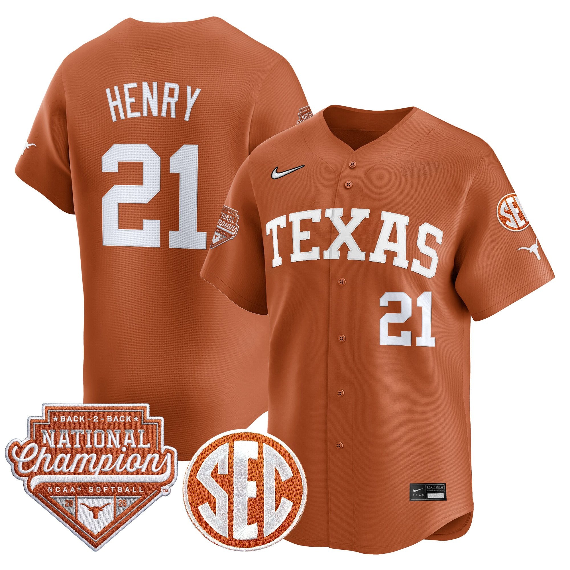 Men's Size - Texas Longhorns 2026 Back-To-Back World Series (WCWS) Champions Vapor Premier Limited Jersey - All Stitched