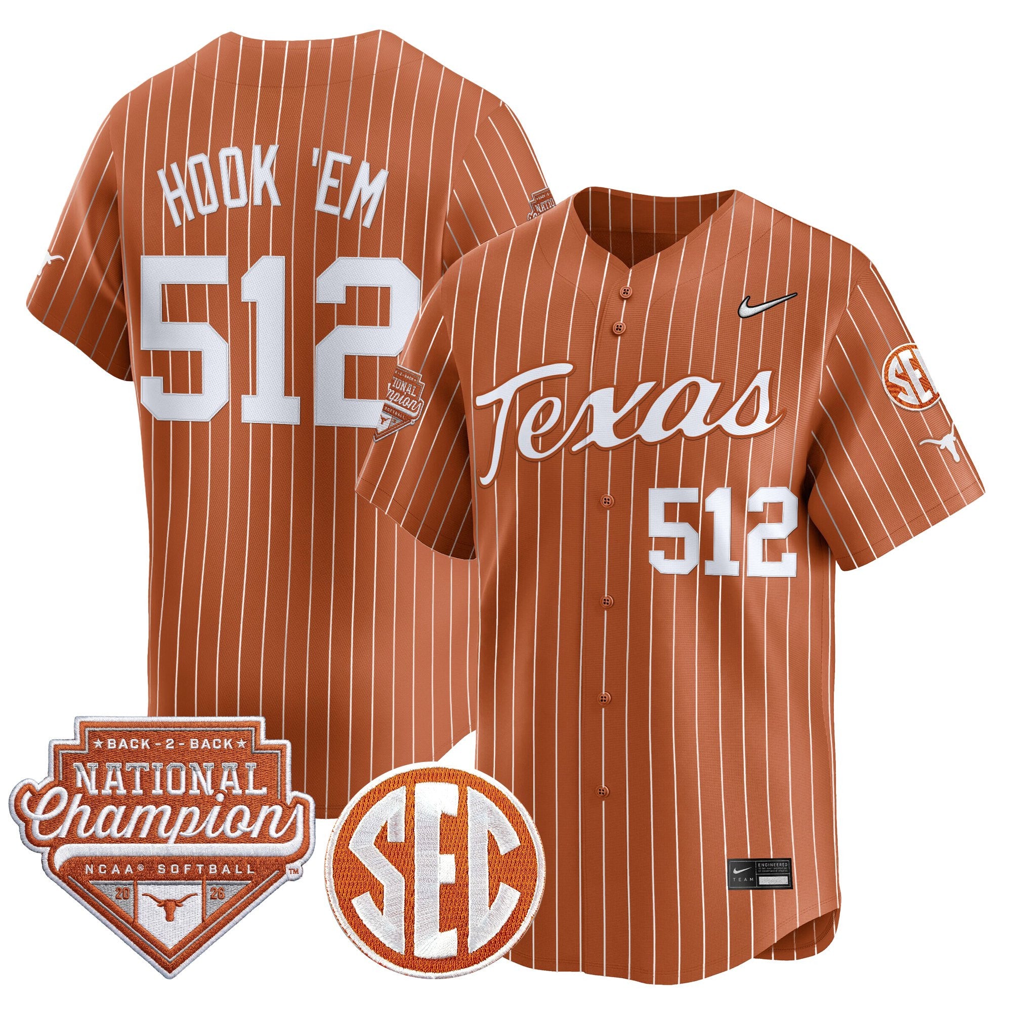 Men's Size - Texas Longhorns 2026 Back-To-Back World Series (WCWS) Champions Vapor Premier Limited Jersey - All Stitched