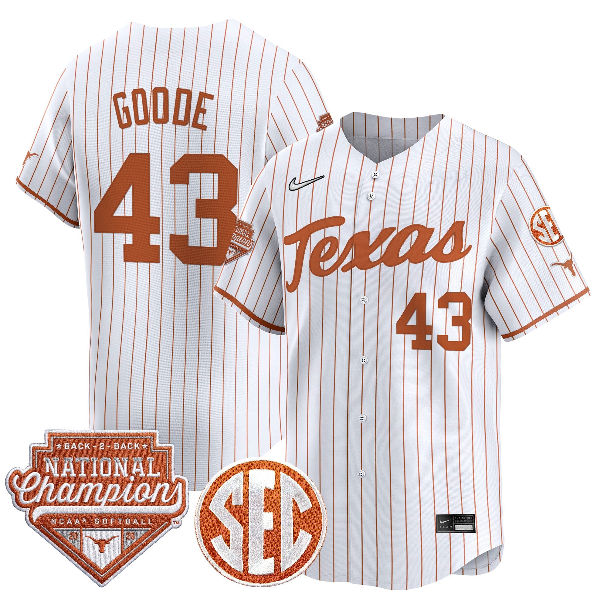Men's Size - Texas Longhorns 2026 Back-To-Back World Series (WCWS) Champions Vapor Premier Limited Jersey - All Stitched