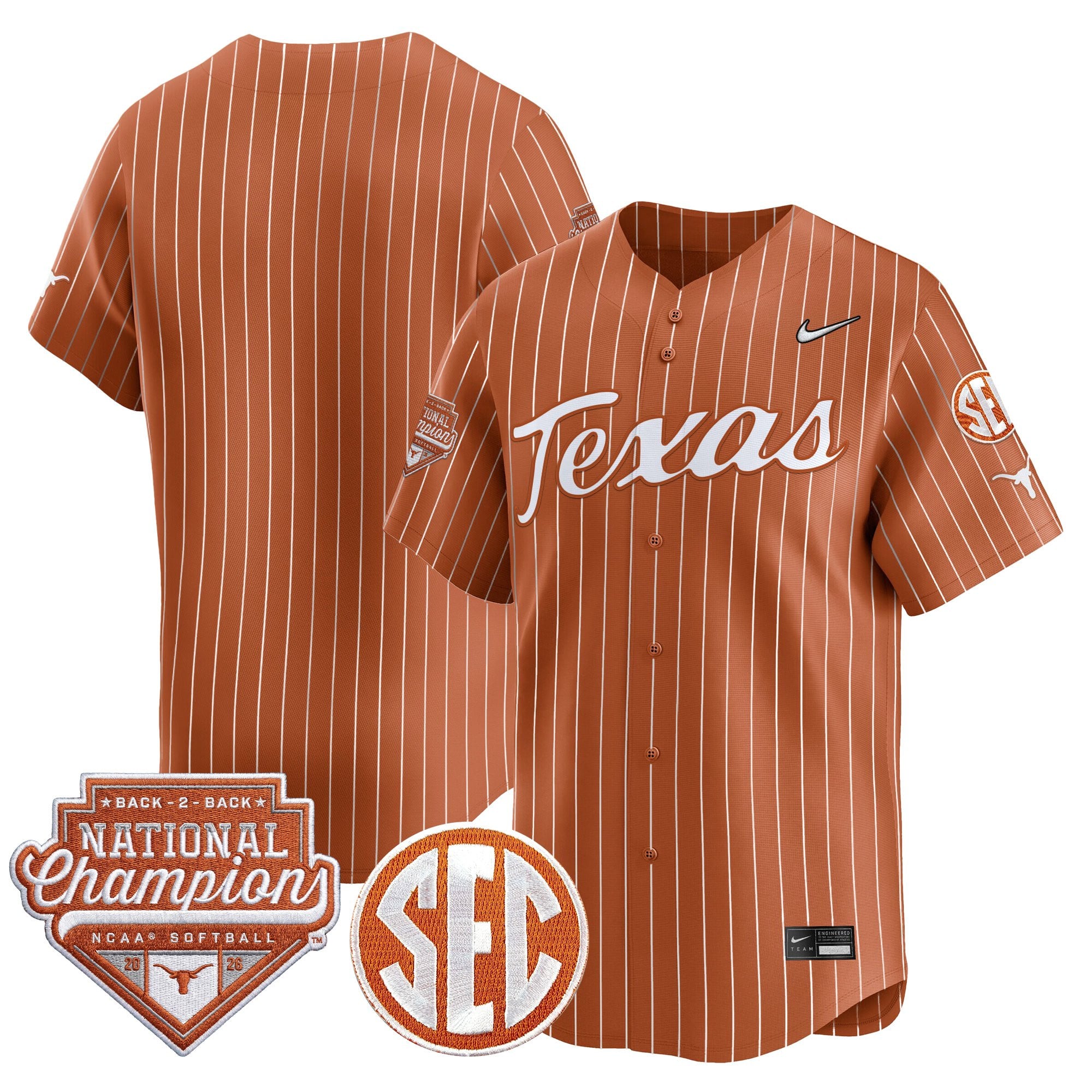 Men's Size - Texas Longhorns 2026 Back-To-Back World Series (WCWS) Champions Vapor Premier Limited Jersey - All Stitched