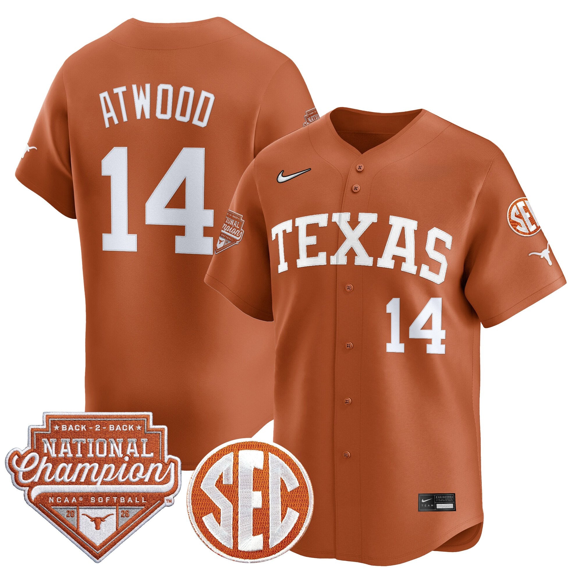 Men's Size - Texas Longhorns 2026 Back-To-Back World Series (WCWS) Champions Vapor Premier Limited Jersey - All Stitched