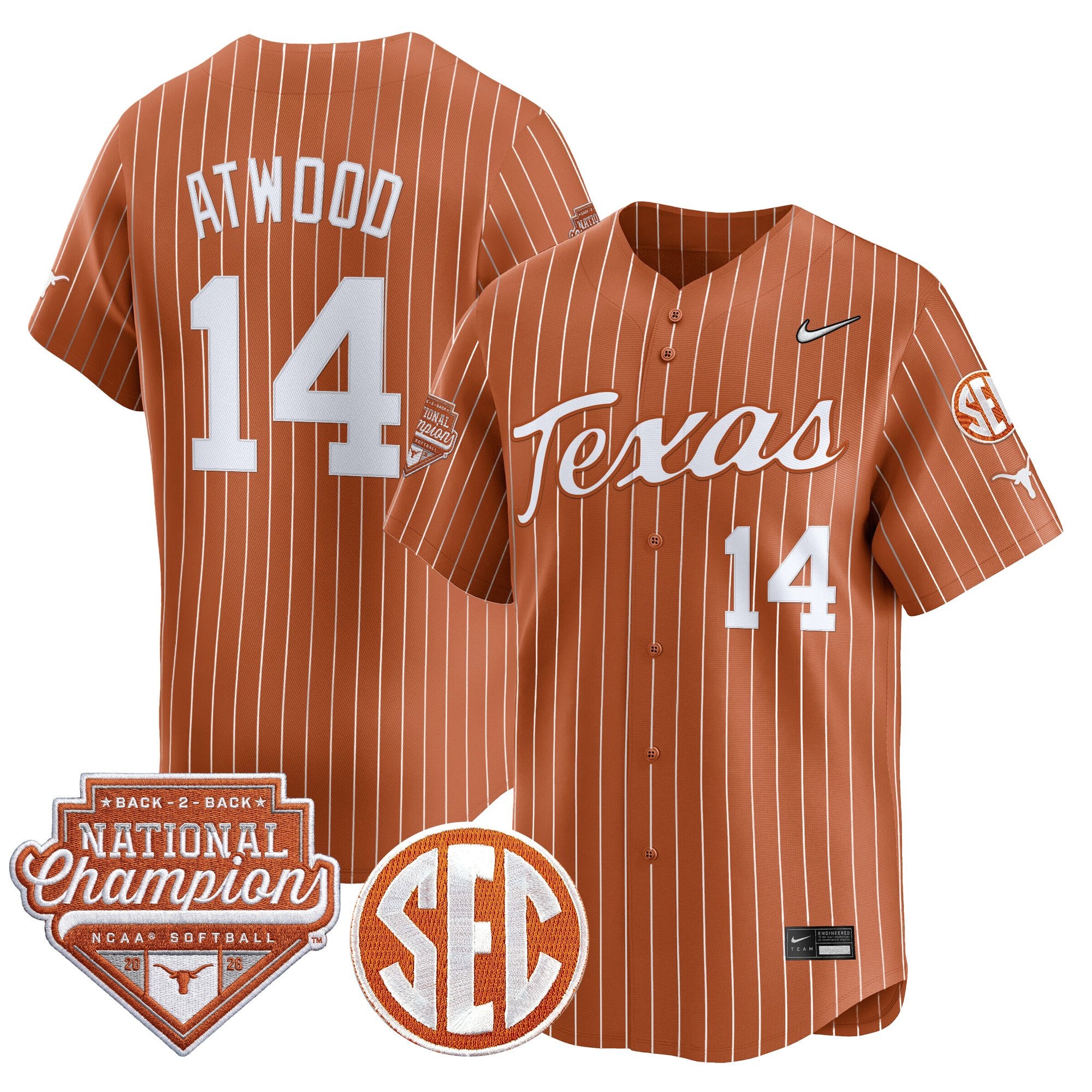 Men's Size - Texas Longhorns 2026 Back-To-Back World Series (WCWS) Champions Vapor Premier Limited Jersey - All Stitched