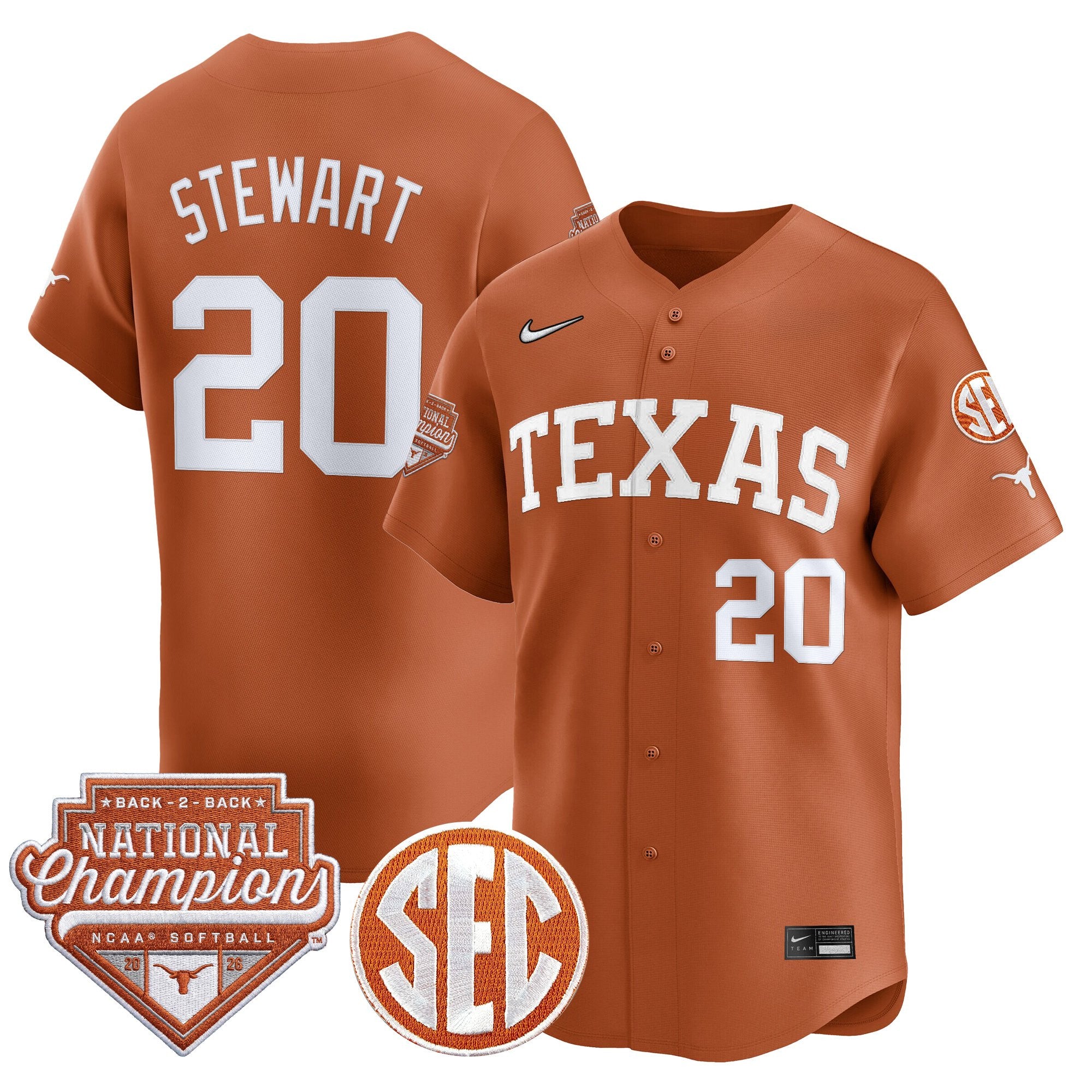 Men's Size - Texas Longhorns 2026 Back-To-Back World Series (WCWS) Champions Vapor Premier Limited Jersey - All Stitched