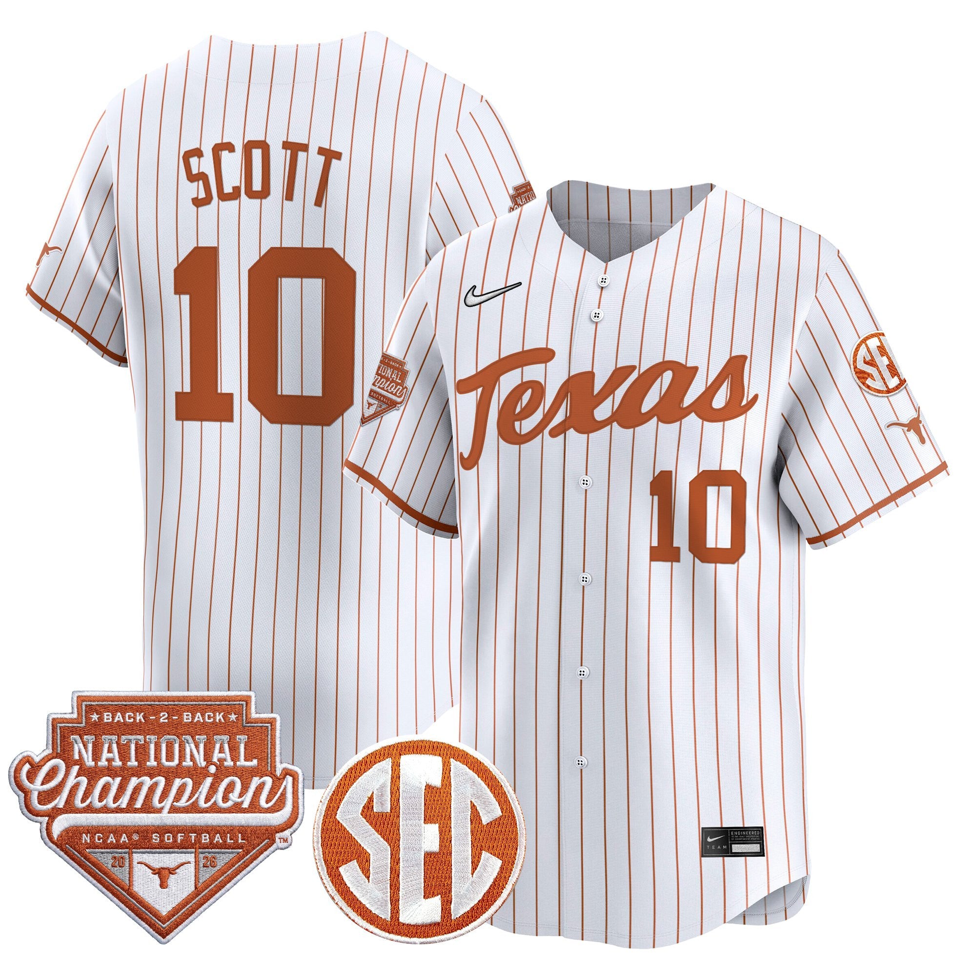 Men's Size - Texas Longhorns 2026 Back-To-Back World Series (WCWS) Champions Vapor Premier Limited Jersey - All Stitched