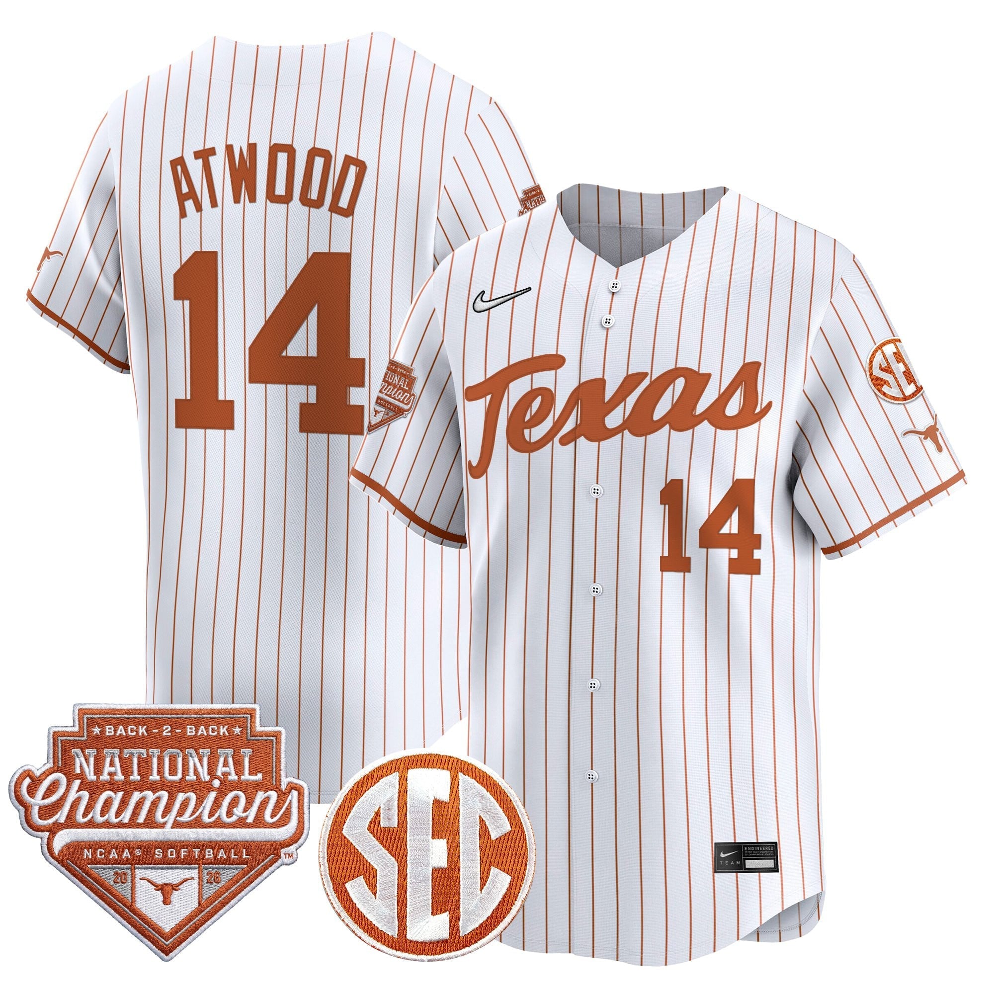 Men's Size - Texas Longhorns 2026 Back-To-Back World Series (WCWS) Champions Vapor Premier Limited Jersey - All Stitched