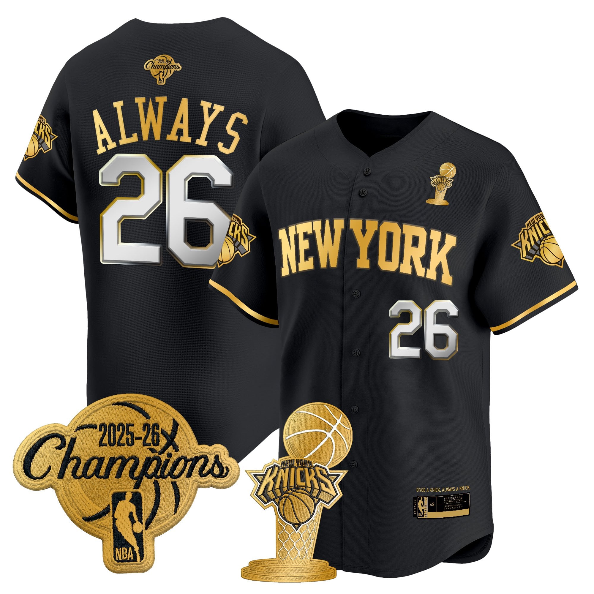 Men's New York Knicks 2026 Champions Patch Vapor Baseball Jersey - All Stitched