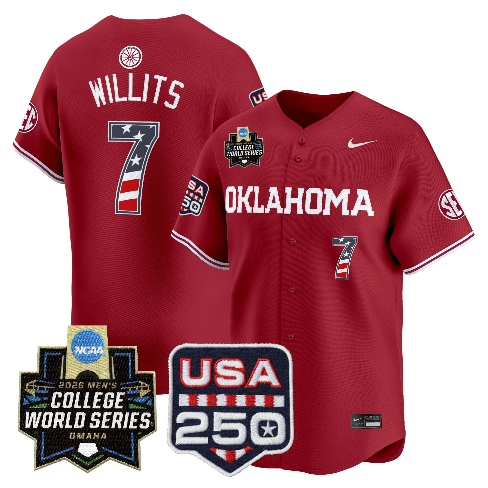 Men's Oklahoma Sooners USA 250 Fourth of July Vapor Premier Limited Jersey - 2026 World Series Patch - All Stitched
