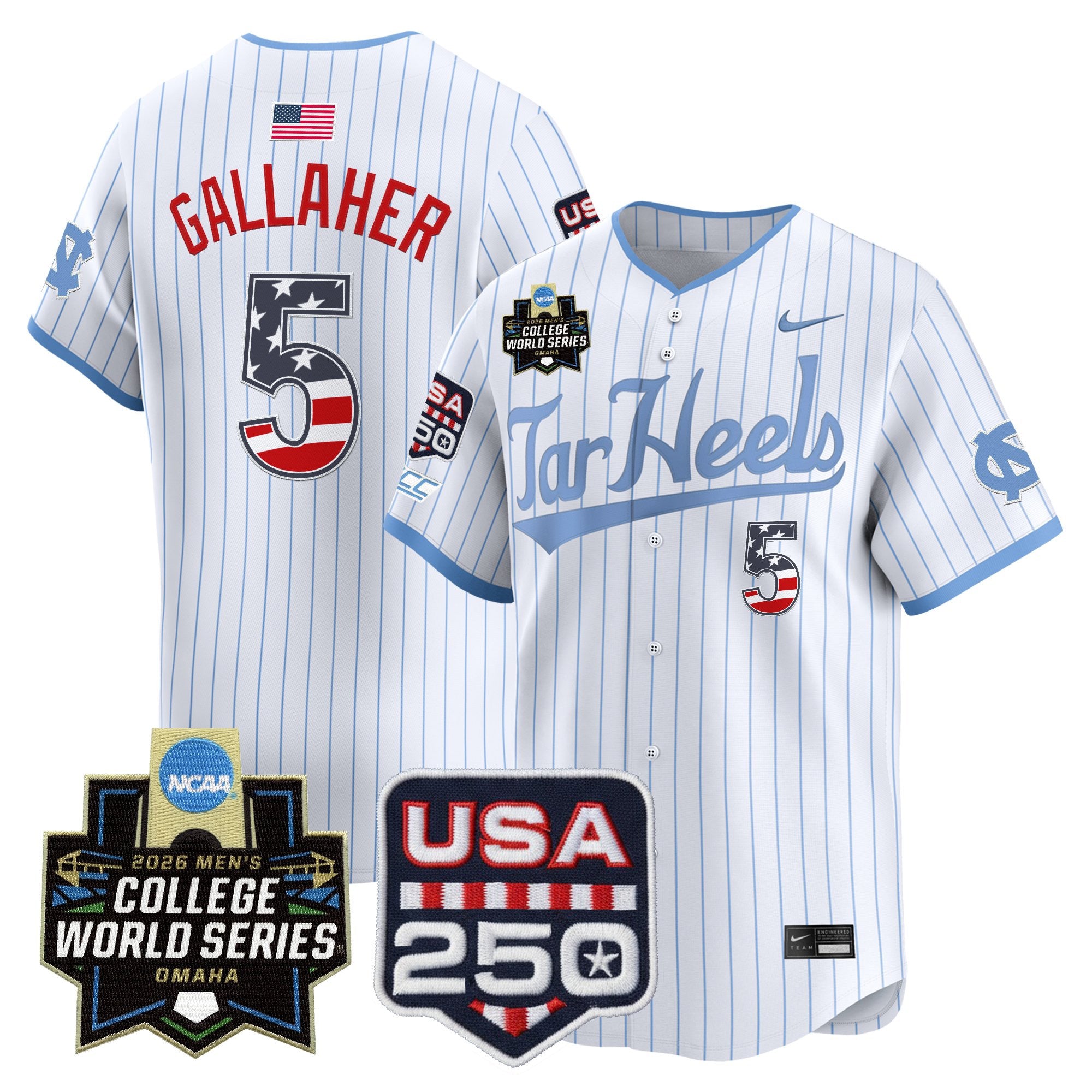 Men's North Carolina Tar Heels USA 250 Fourth of July Vapor Premier Limited Jersey - 2026 World Series patch - All Stitched