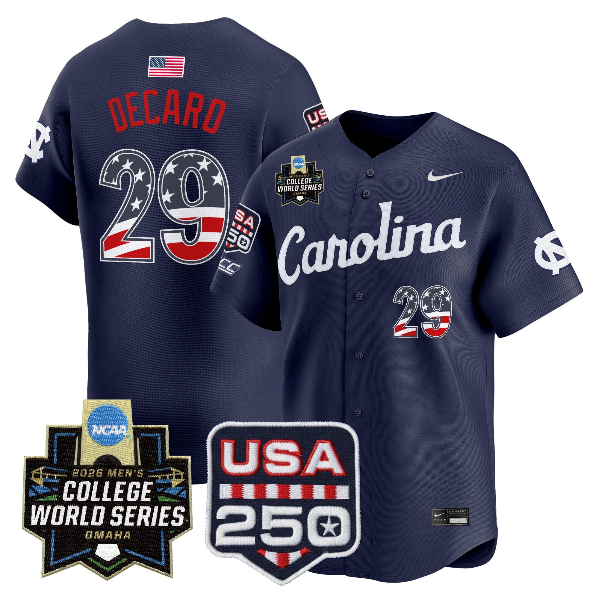 Men's North Carolina Tar Heels USA 250 Fourth of July Vapor Premier Limited Jersey - 2026 World Series patch - All Stitched