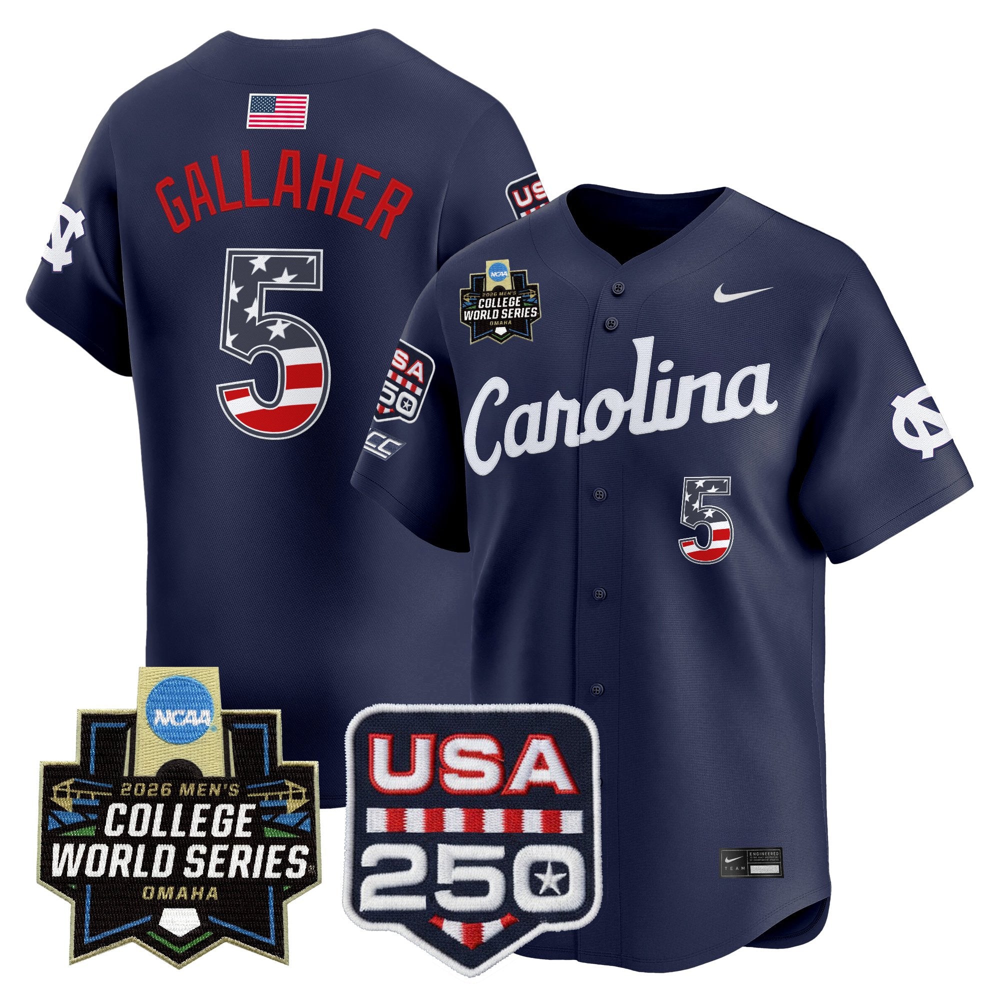 Men's North Carolina Tar Heels USA 250 Fourth of July Vapor Premier Limited Jersey - 2026 World Series patch - All Stitched