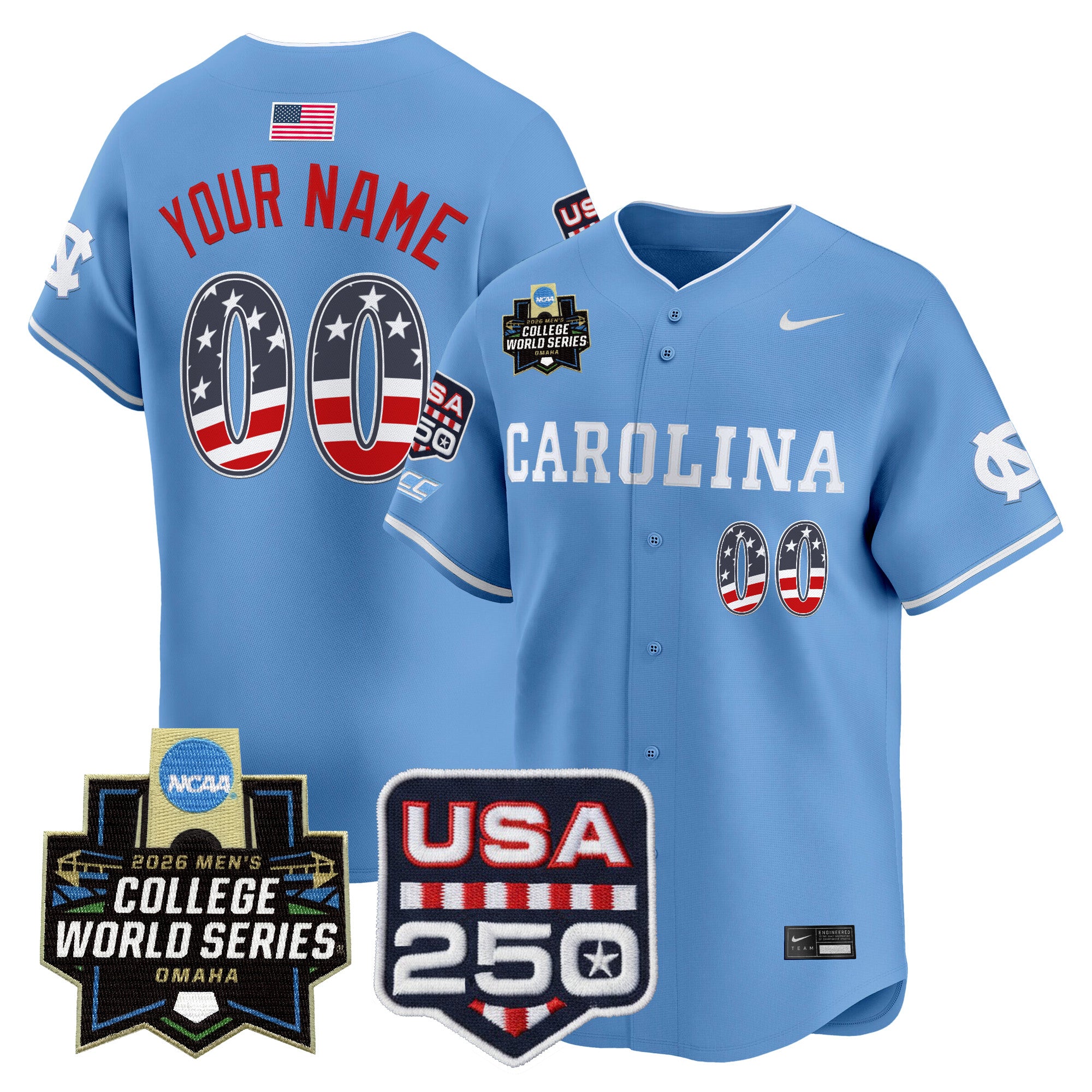 North Carolina Tar Heels USA 250 Fourth of July Vapor Premier Limited Cutsom Jersey - 2026 World Series patch - All Stitched