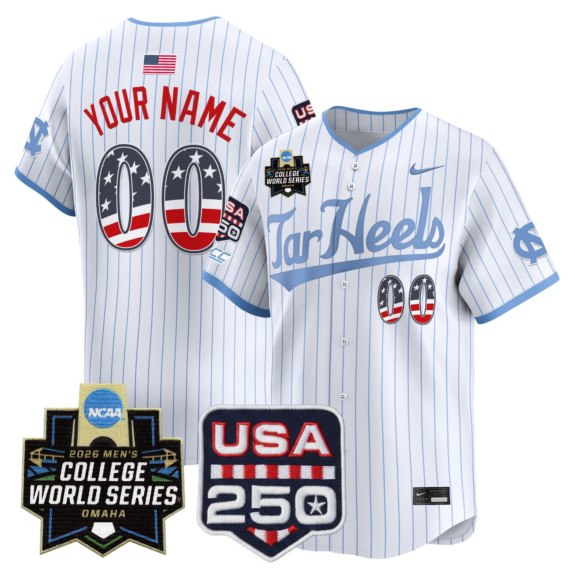 North Carolina Tar Heels USA 250 Fourth of July Vapor Premier Limited Cutsom Jersey - 2026 World Series patch - All Stitched