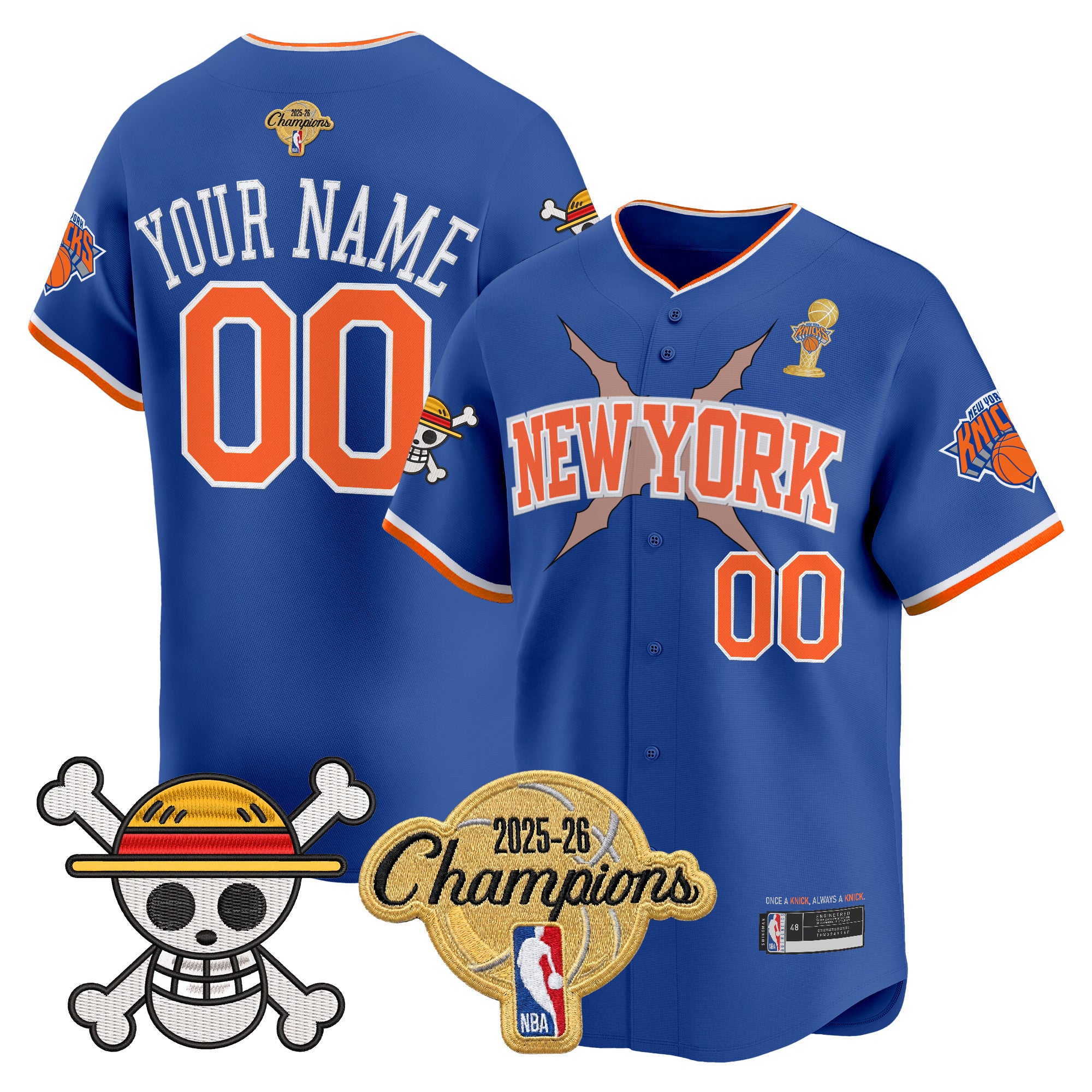 New York Knicks 2026 Champions Patch x One Piece Vapor Custom Baseball Jersey - All Stitched