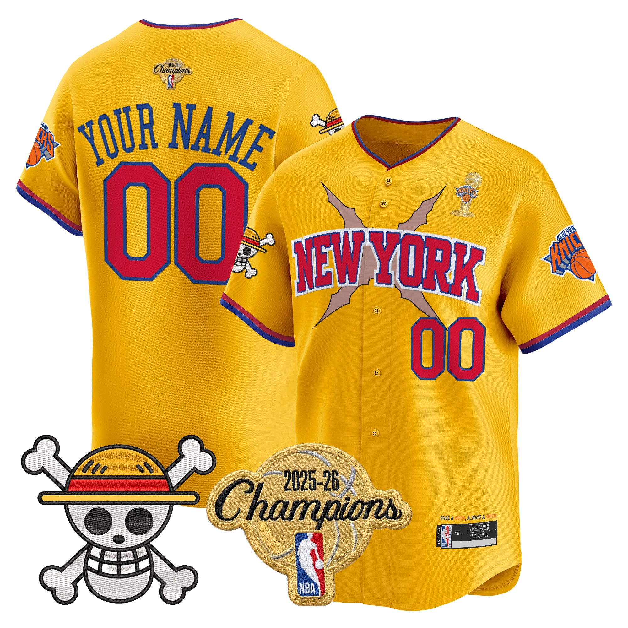 New York Knicks 2026 Champions Patch x One Piece Vapor Custom Baseball Jersey - All Stitched