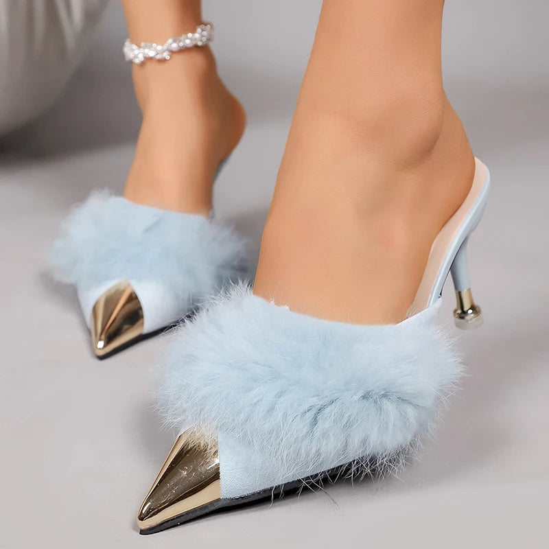 Elegant Fluffy Fur High Heels Sandals Women 2026 Summer Metal Pointed Toe Mule Slippers Woman Plus Size Kitten Heel Party Shoes