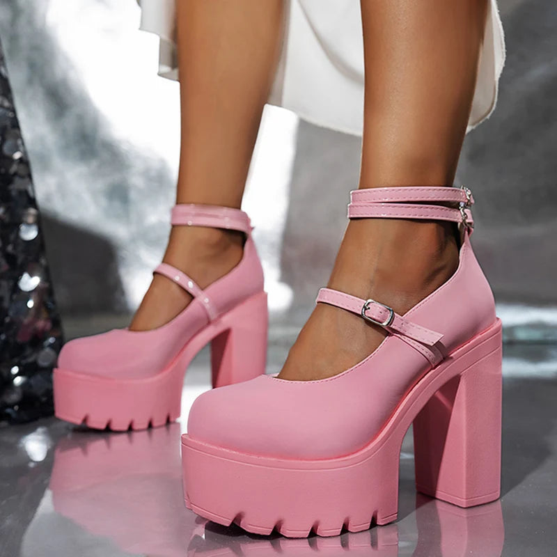 Y2k Pink Chunky Platform Mary Jane Lolita Shoes Women Punk Ankle Strap High Heel Pumps Woman Plus Size 43 Gothic Cosplay Shoes