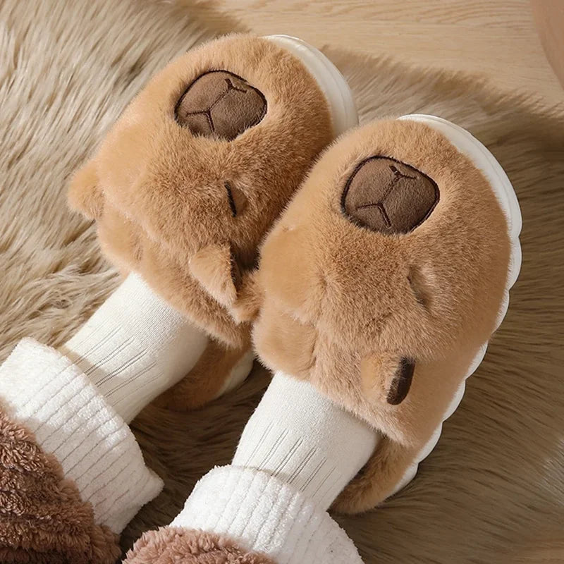 Cute Cartoon Capybara Home Slippers Women 2025 Winter Soft Thick Sole Indoor Cotton Slippers Woman Non Slip House Shoes Flats