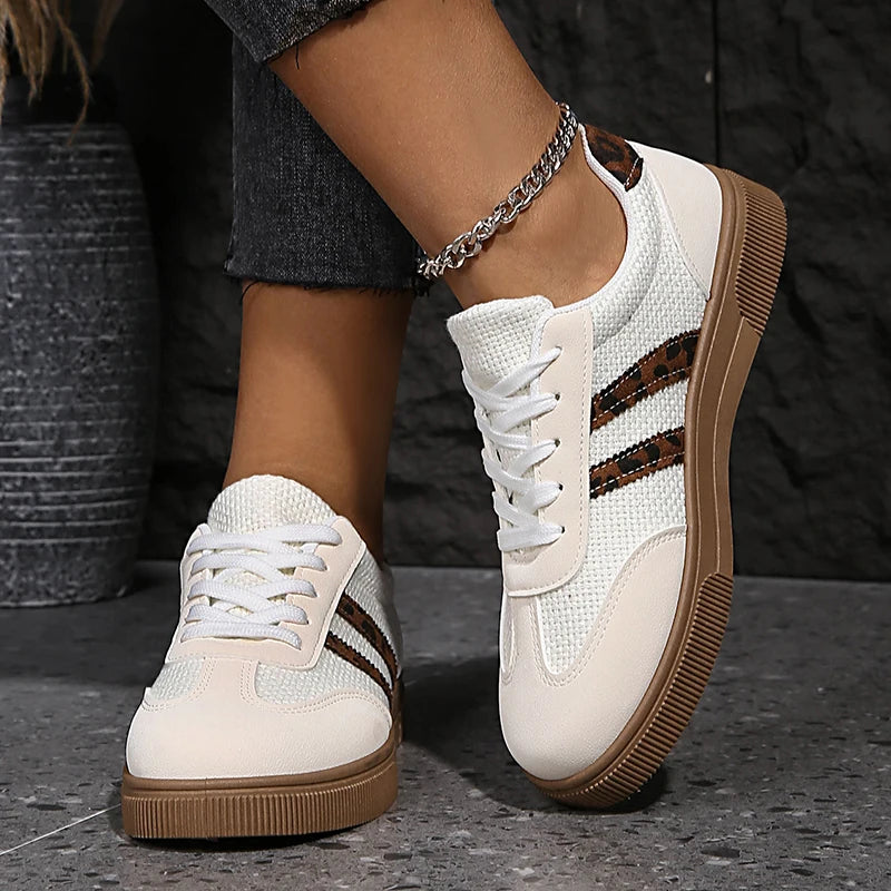 Fashion Leopard Print Platform Sneakers for Women 2026 Spring Lace Up Casual Sport Shoes Woman Non Slip Ladies Flat Heels Shoes